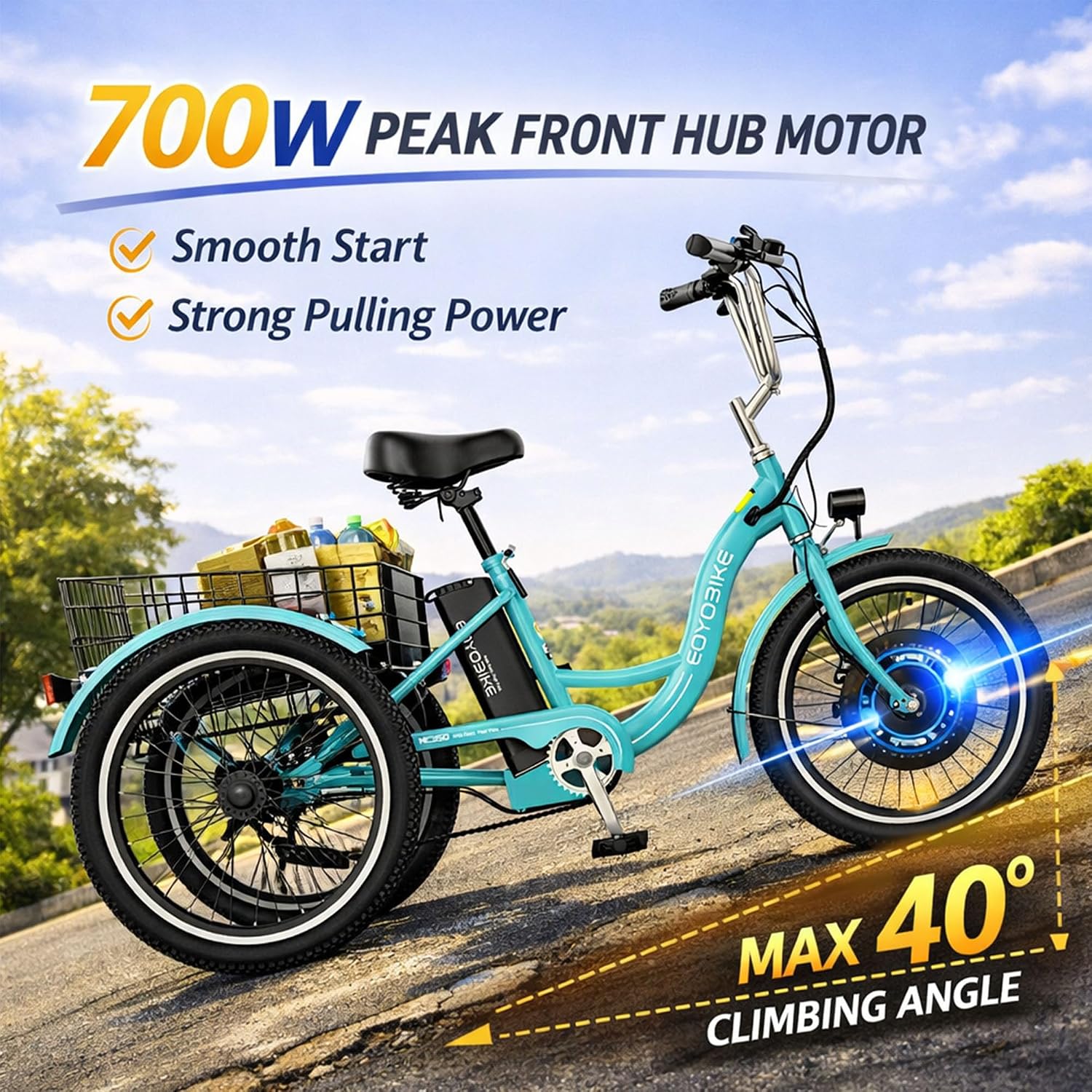 7-Speed Adult Electric Tricycle – 3-Wheel E-Trike with 700W Peak Front Drive Motor and Removable Battery