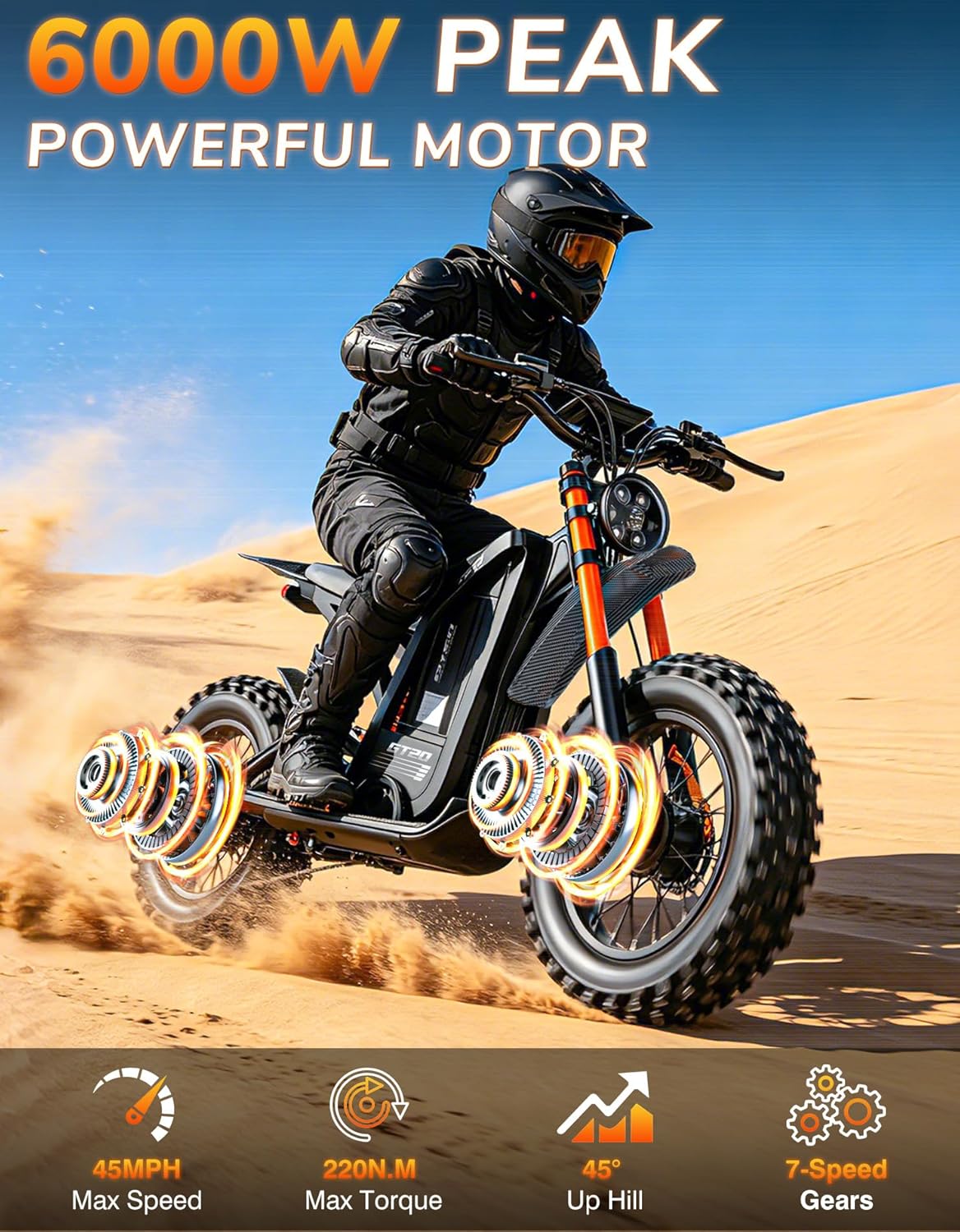 Electric Dirt Bike for Adults, 20" Fat Tire Electric Bike with 6000W Peak Motor, 45 MPH 130 Miles Range, Off-Road Electric Bicycle with 48V