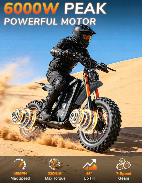 20" Fat Tire Off-Road Electric Dirt Bike | 6000W Peak 45MPH Adult E-Bike with NFC Unlock