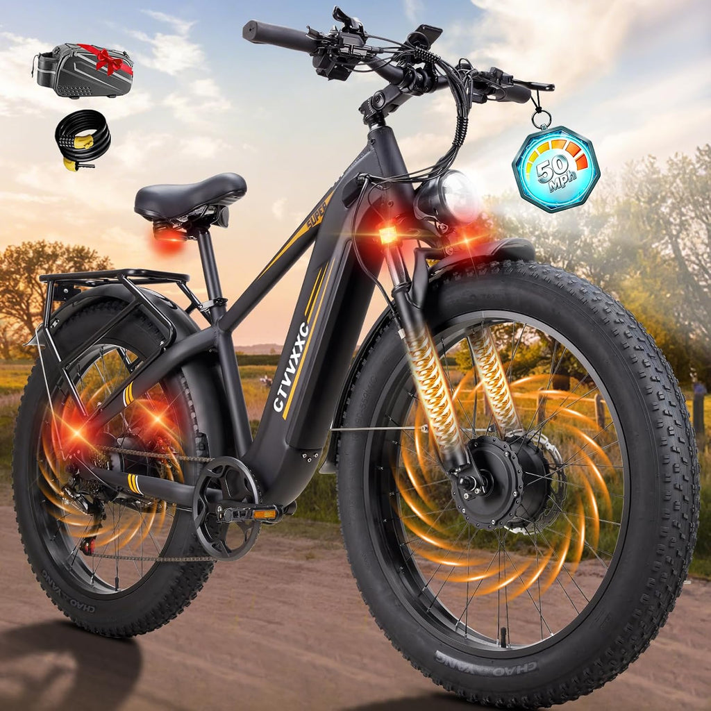 Dual Motor All-Terrain Electric Mountain Bike - 26" Fat Tire, High Capacity Battery, Adjustable Stem & Turn Signals (Adult E-Bike)