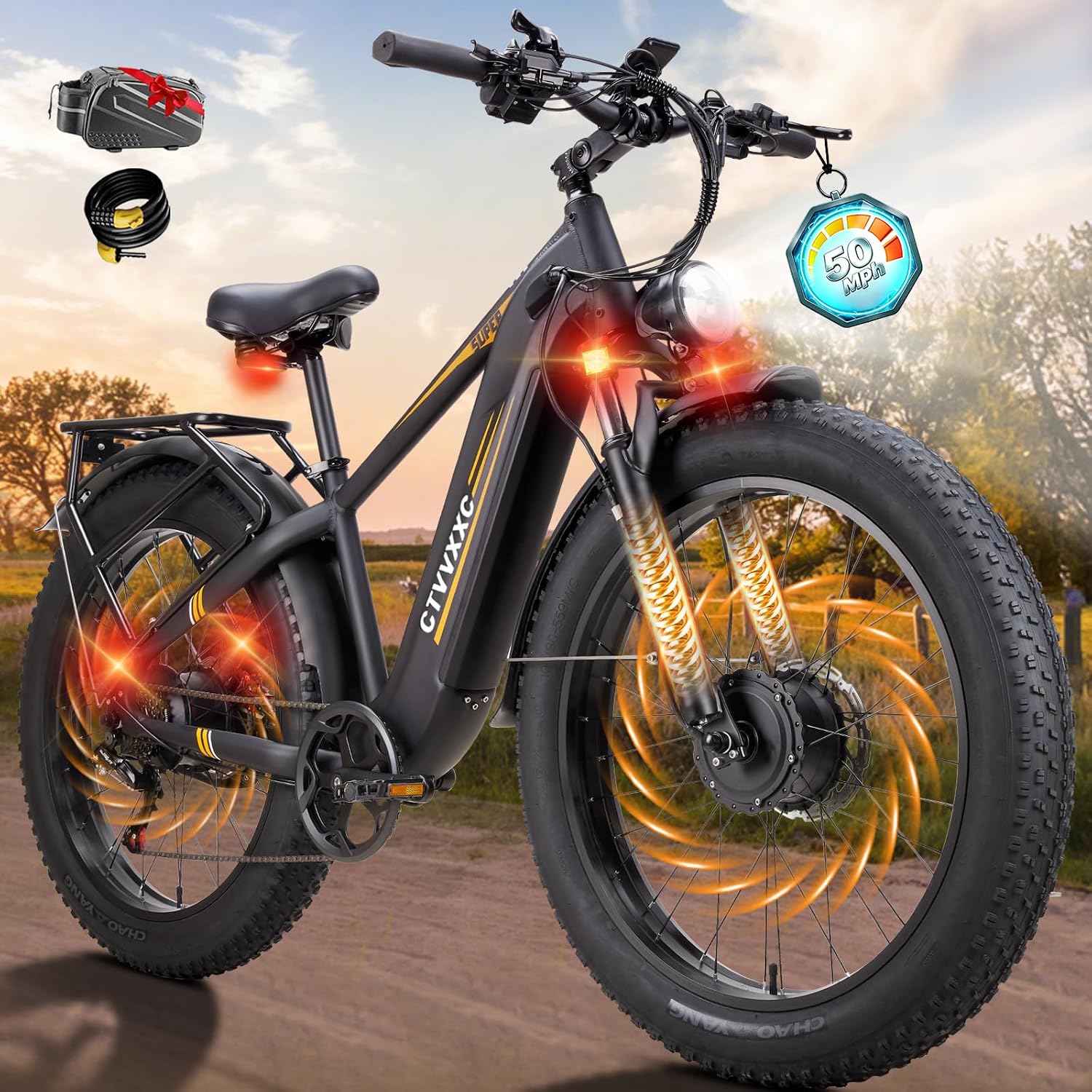 Dual Motor All-Terrain Electric Mountain Bike - 26" Fat Tire, High Capacity Battery, Adjustable Stem & Turn Signals (Adult E-Bike)