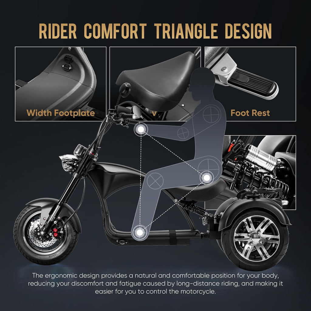 Heavy-Duty 3-Wheel Electric Chopper Trike - 2000W, 26 MPH, 60V 30Ah, Full Hydraulic Suspension Off-Road Electric Tricycle for Adults