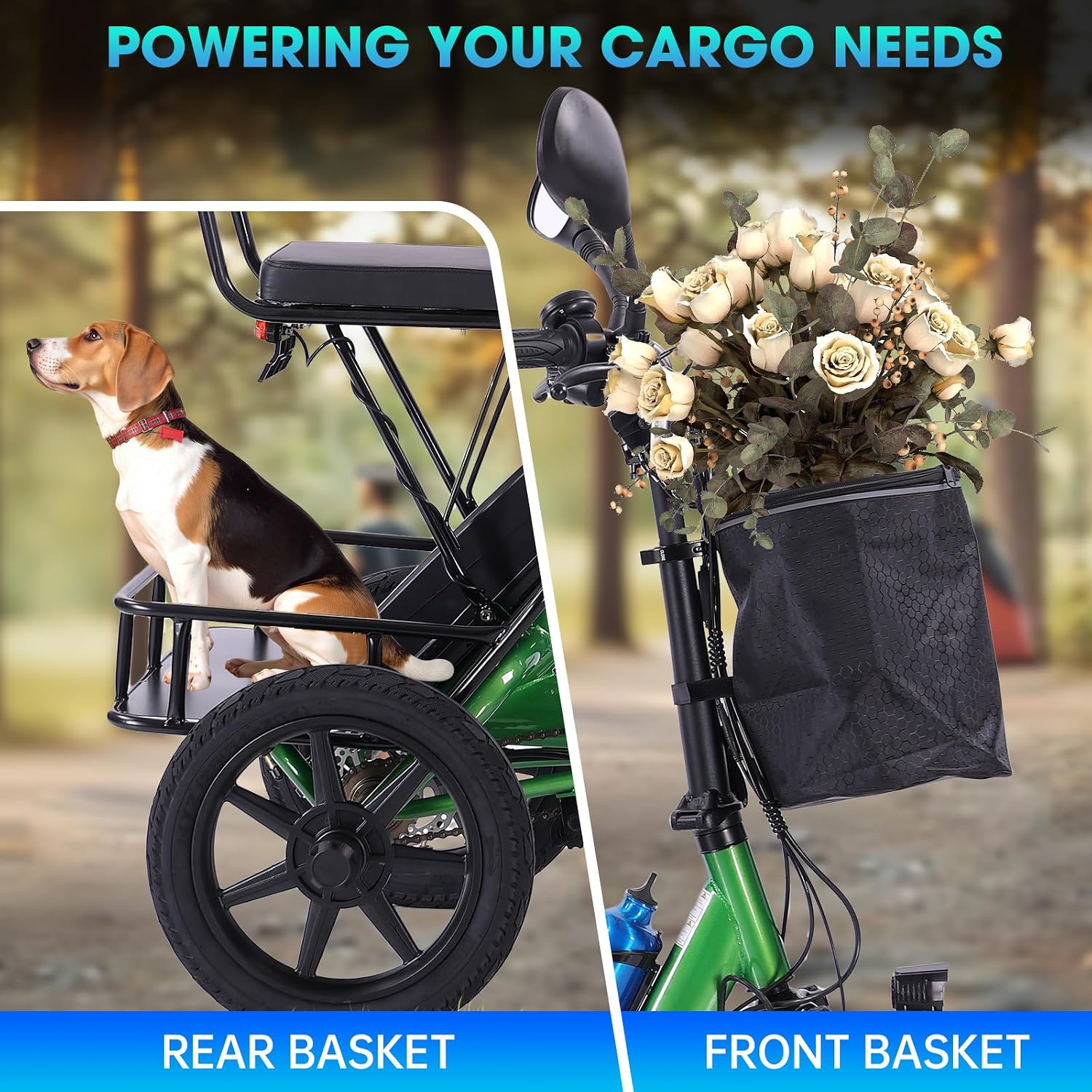 Folding Step-Thru 3-Wheel Electric Trike with 2 Seats | Peak 500W Brushless Motor E-Tricycle | 480Wh Removable Power, 45-Mile Range & Rear Passenger Bench