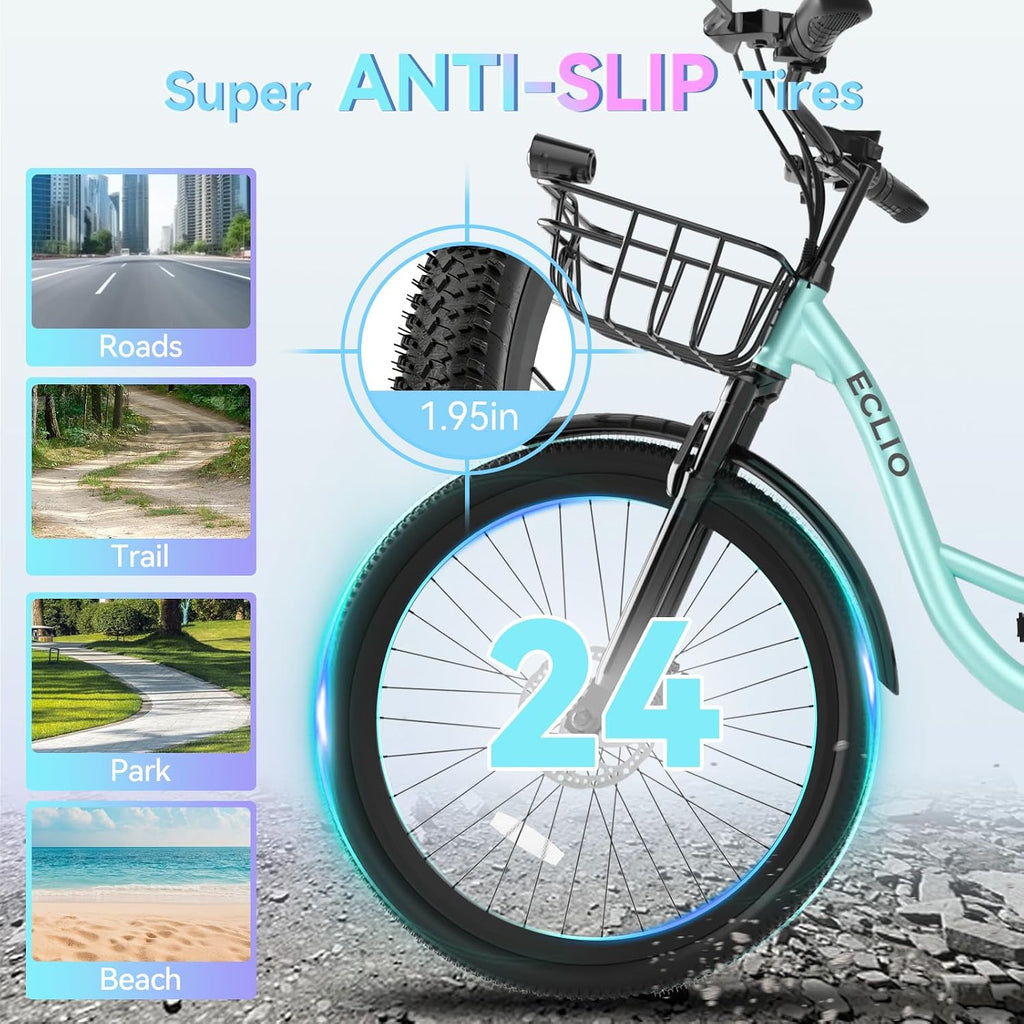 1000W Peak Step-Through City Cruiser Electric Bike – 24" Commuter E-Bike with Front Basket & 7-Speed Gears