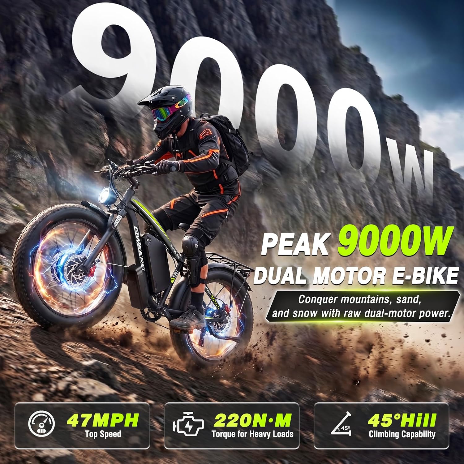 Peak 9000W Dual-Motor All-Terrain E-Bike | 47 MPH 24" Fat Tire Adult Electric Bicycle