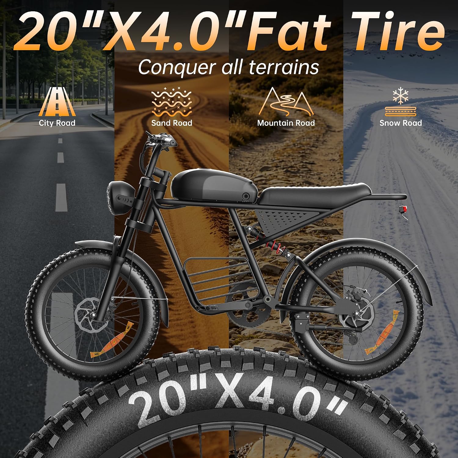 20" Moped-Style Fat Tire Electric Bike – 1500W Peak High-Performance All-Terrain E-Bike