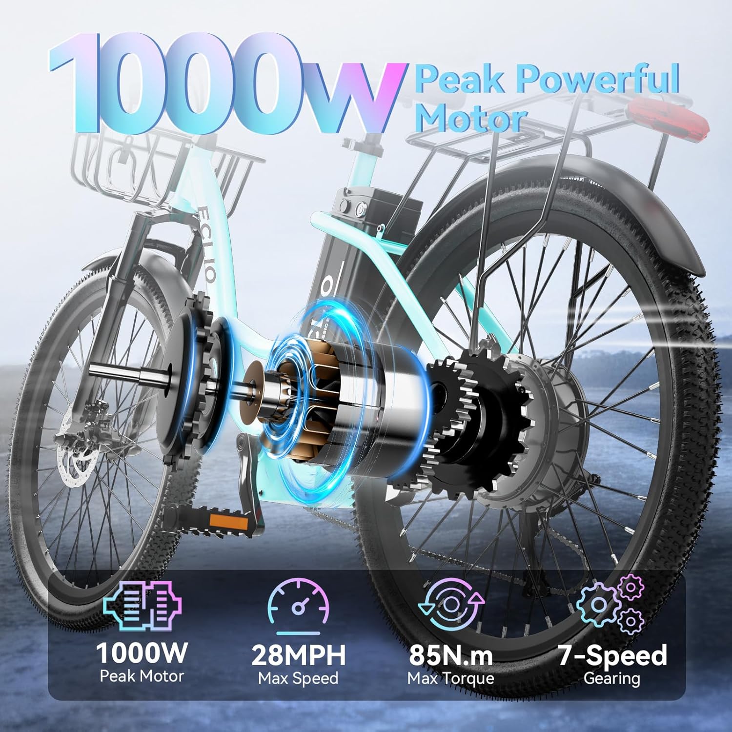 1000W Peak Step-Through City Cruiser Electric Bike – 24" Commuter E-Bike with Front Basket & 7-Speed Gears