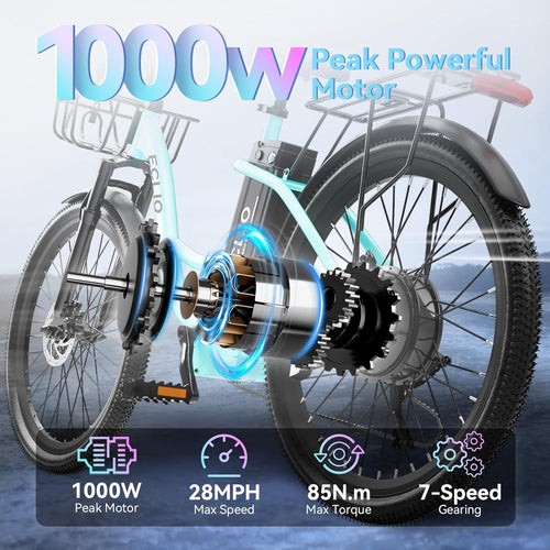 1000W Peak Step-Through City Cruiser Electric Bike – 24" Commuter E-Bike with Front Basket & 7-Speed Gears