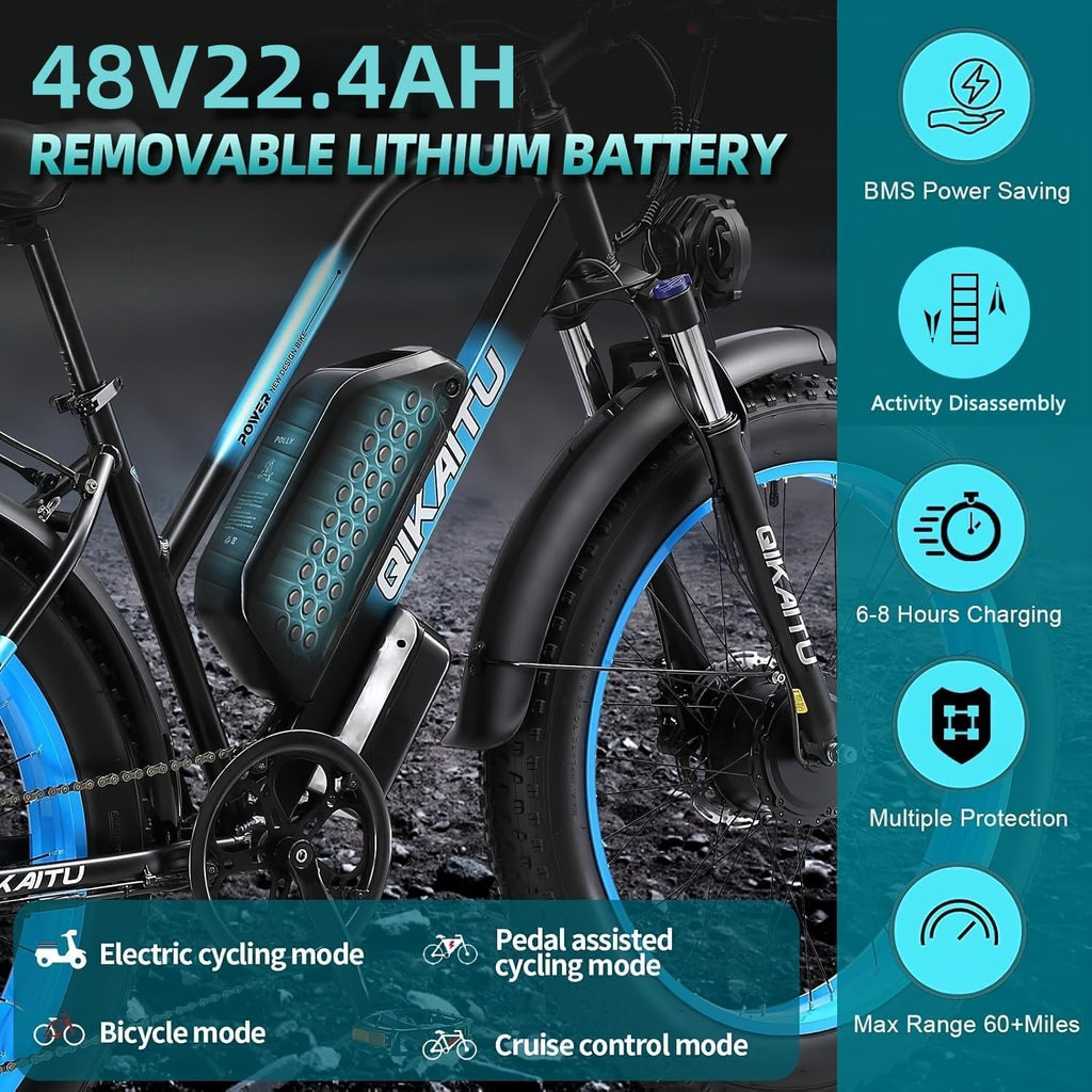 Q7 Peak 4000W Electric Bike for Adults - Dual Motor, 48V 22.4Ah Battery 24'' x 4'' Fat Tire Electric Bike, 38MPH 80Mile Range, 7-Speed, Cruise Control, Hydraulic Disc Brakes Ebike