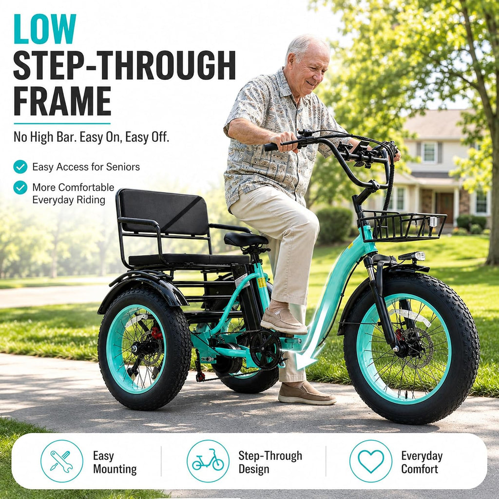 2-Seater Electric Tricycle with Passenger Seat | Peak 1350W, 48V, Dual Baskets