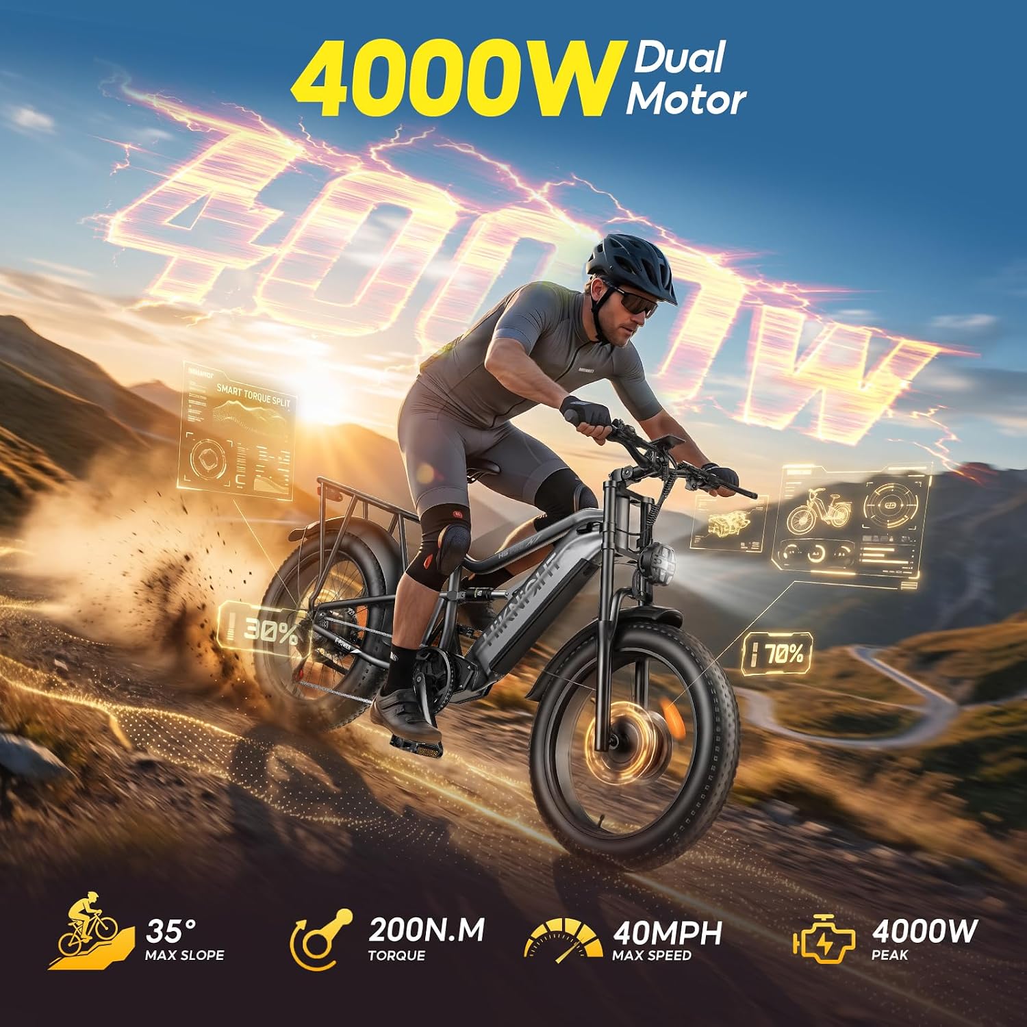 4000W Peak Dual Motor Electric Bike | 24" Fat Tire, 40MPH Off-Road E-Bike