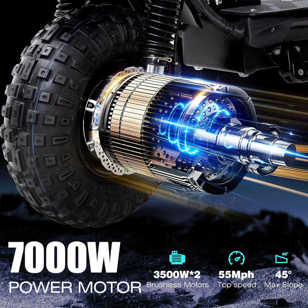 Electric Scooter Adult, 7000W Motor, 60V 33Ah Battery, 55 mph, Max 65 Miles Range, Hydraulic Suspension, Hydraulic Brakes, 13"All Terrain Tires, Adjustable Handlebar Height, Folding EScooter with Seat