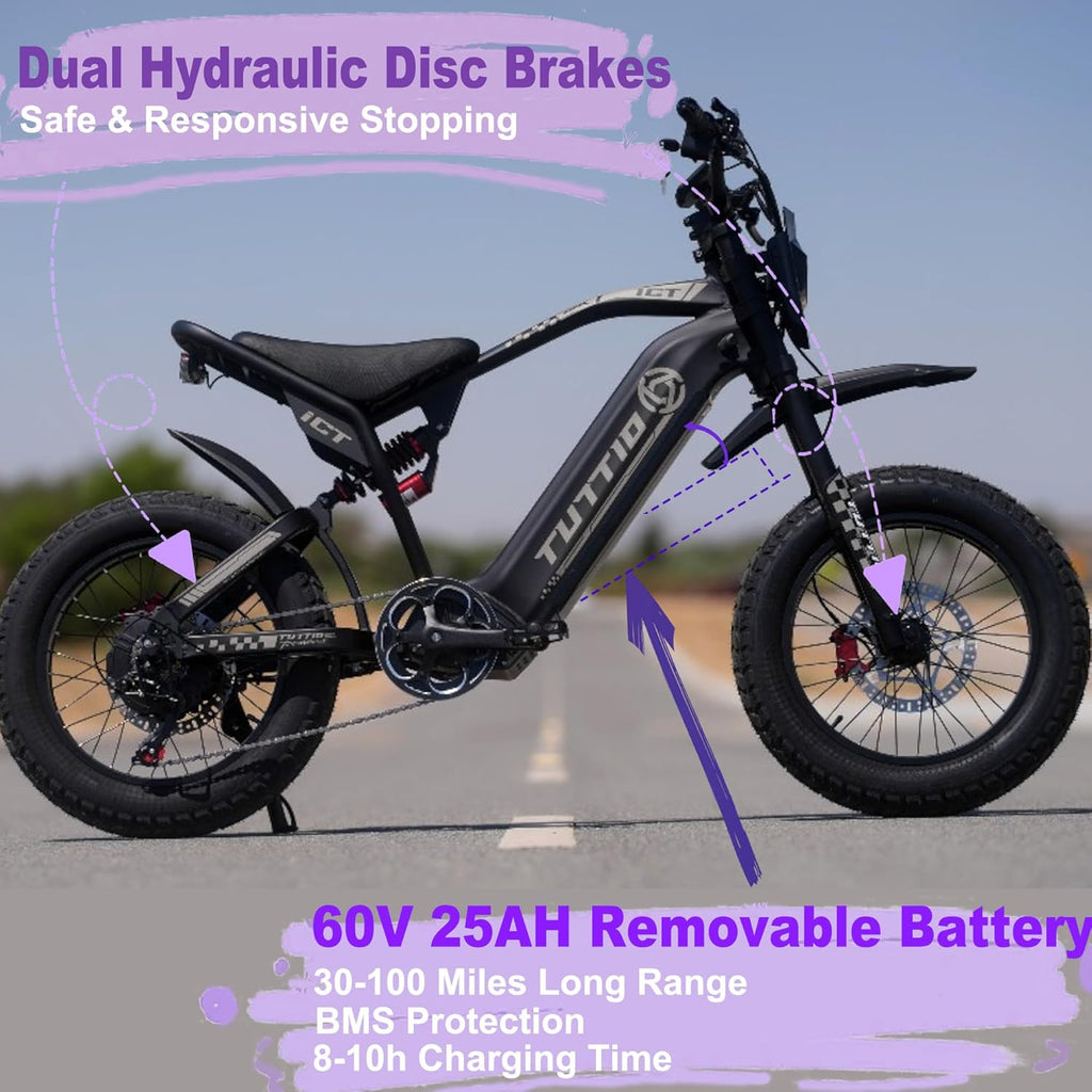 Electric Dirt Bike 60V 25AH - 4000W Peak 49MPH 20" Fat Tire Full Suspension Electric Motorcycle for Adults Teens 16+ Off Road Commuting Snow Sand Mountain