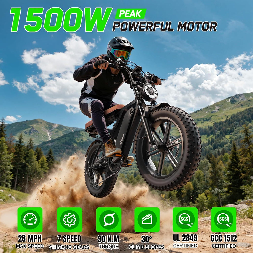 20" All-Terrain Fat Tire Electric Bike – 1500W Peak Full Suspension Dual-Battery Compatible E-Bike