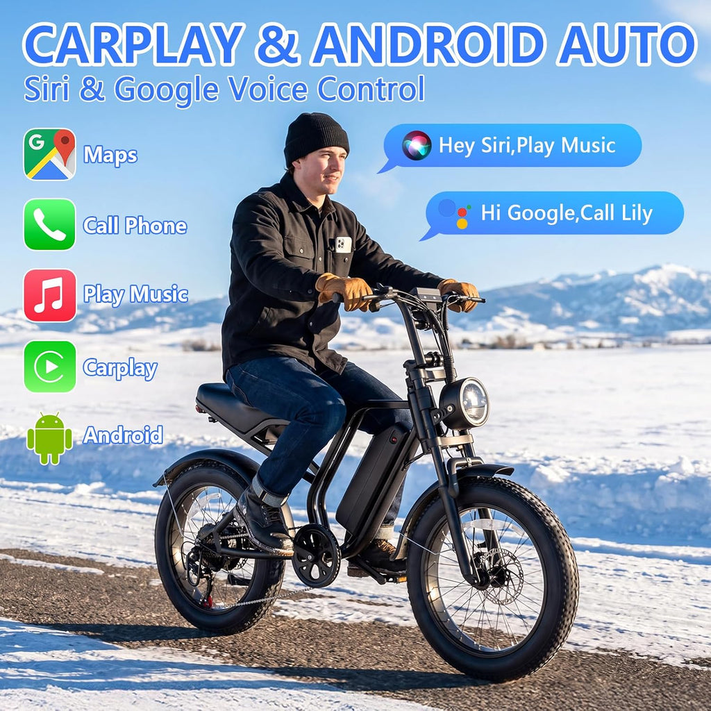 Aero Cargo Electric Bike with Apple CarPlay, Android Auto, and Dual 1080P Dash Cam – 1500W Peak, 20" Fat Tire All-Terrain E-Bike