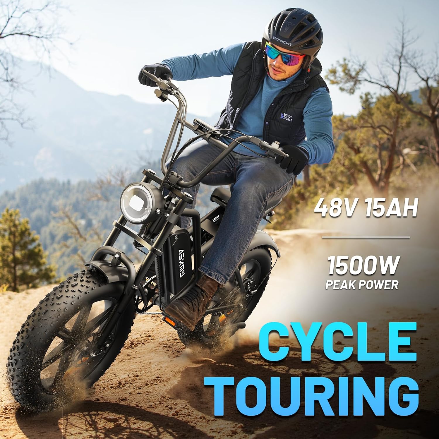 Electric Mountain Bike for Adults, 20 Inch Fat Tire Dirt E Bike with 1500W Peak Motor, 48V 15Ah