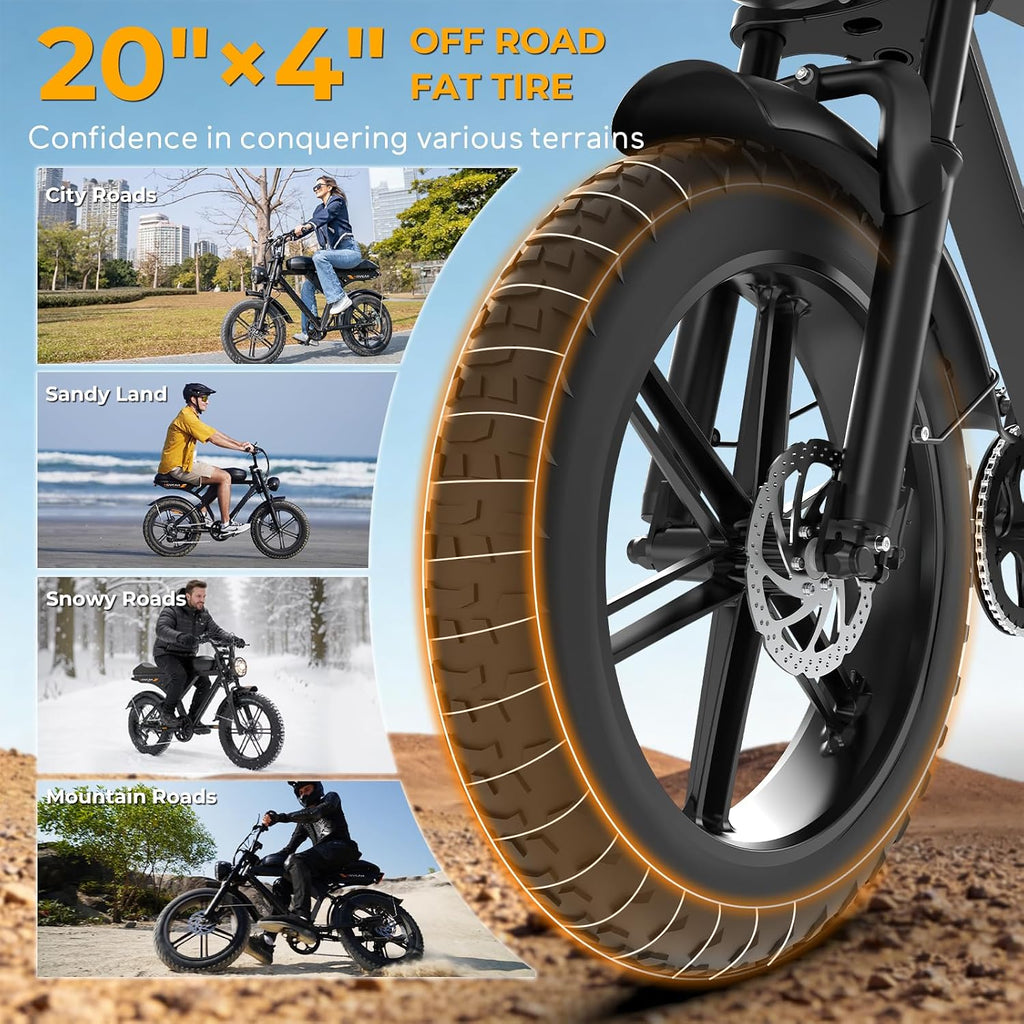 All-Terrain Retro Electric Bike for Adults – 20" Fat Tire Off-Road Mountain Moped (High-Power Hub Motor, Up to 120-Mile Extended Range, 7-Speed)