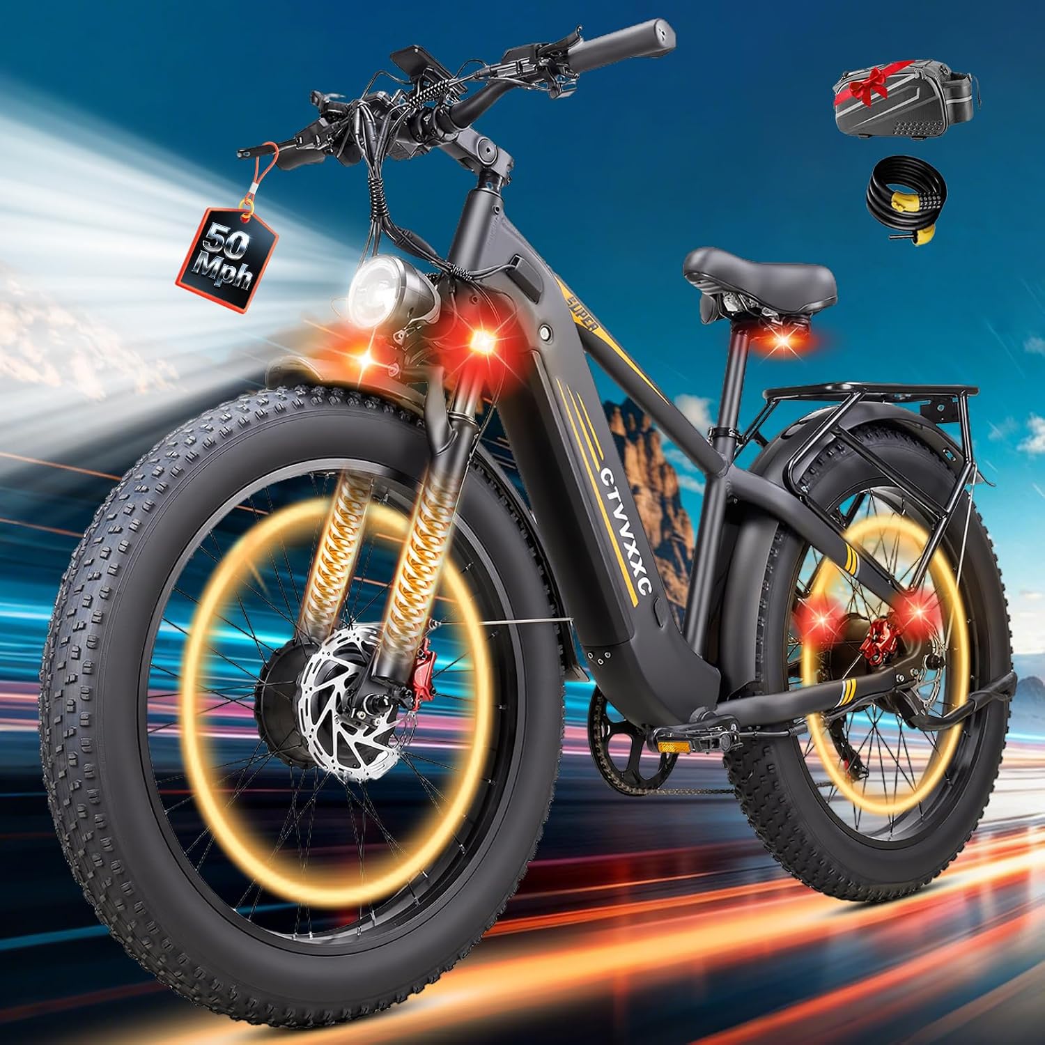 8000W Peak Dual Motor Ebike for Adults, Max 50 MPH Fast Electric Bike, 52V 1352Wh Built-in Battery 100 Miles, Adjustable Stem, Lockable Suspension, 26" Electric Bicycle for Off-Road Mountain