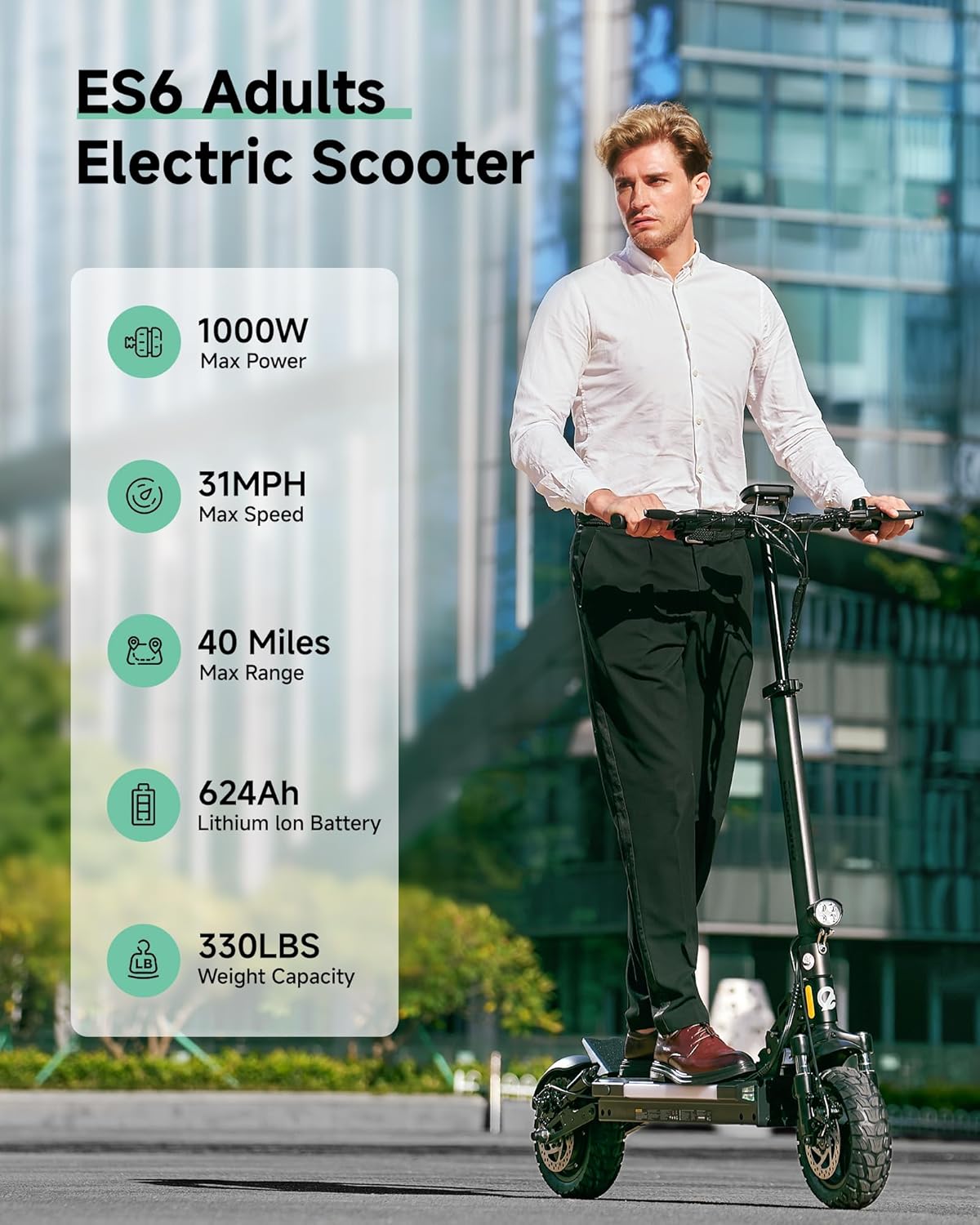 ES6/DUALElectric Scooter for Adults, 1000/2000W Peak Motor Up to 31/34 MPH, 40/50 Miles Long Range, 10" All-Terrain Tubeless Tires, Foldable Heavy Duty 330+ lbs E-Scooter with App & RGB Lights