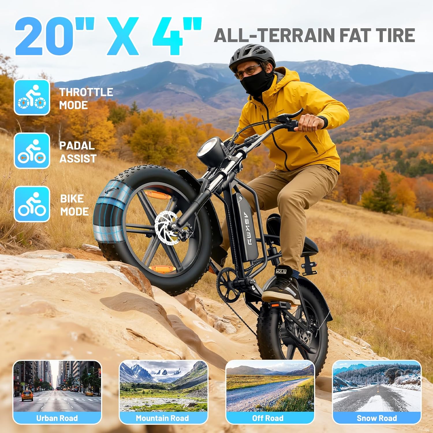 All-Terrain 20" Fat Tire Electric Bike – 750W Continuous / 1000W Max Motor, 48V 15Ah Removable Battery, 60-Mile Range Adult E-Bike (UL2849 Certified)