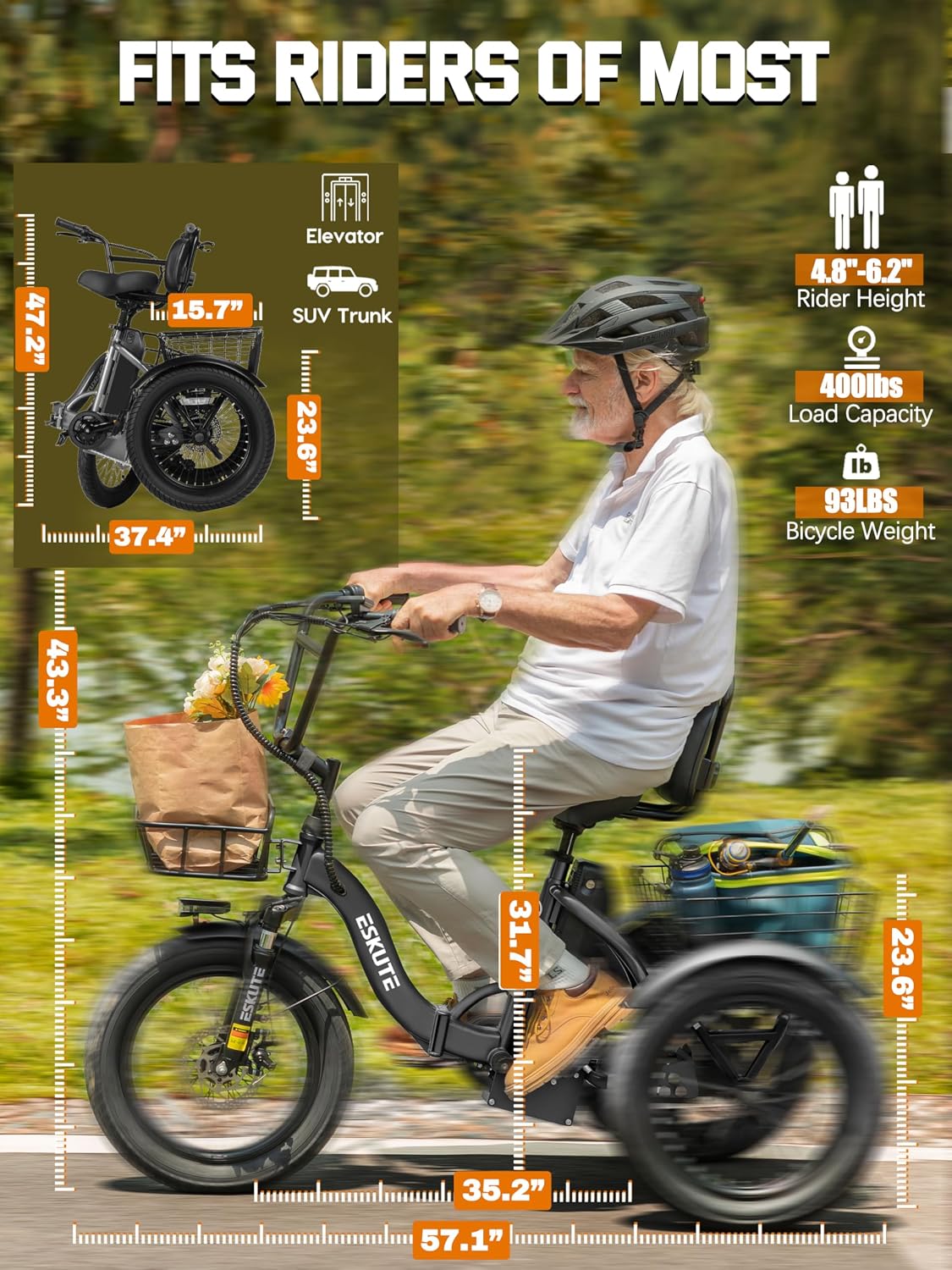 Folding Step-Thru 3-Wheel Electric Tricycle – Peak 1200W Motor, 18" Fat Tires, 624Wh Removable Battery, Adult E-Trike with Cargo Basket