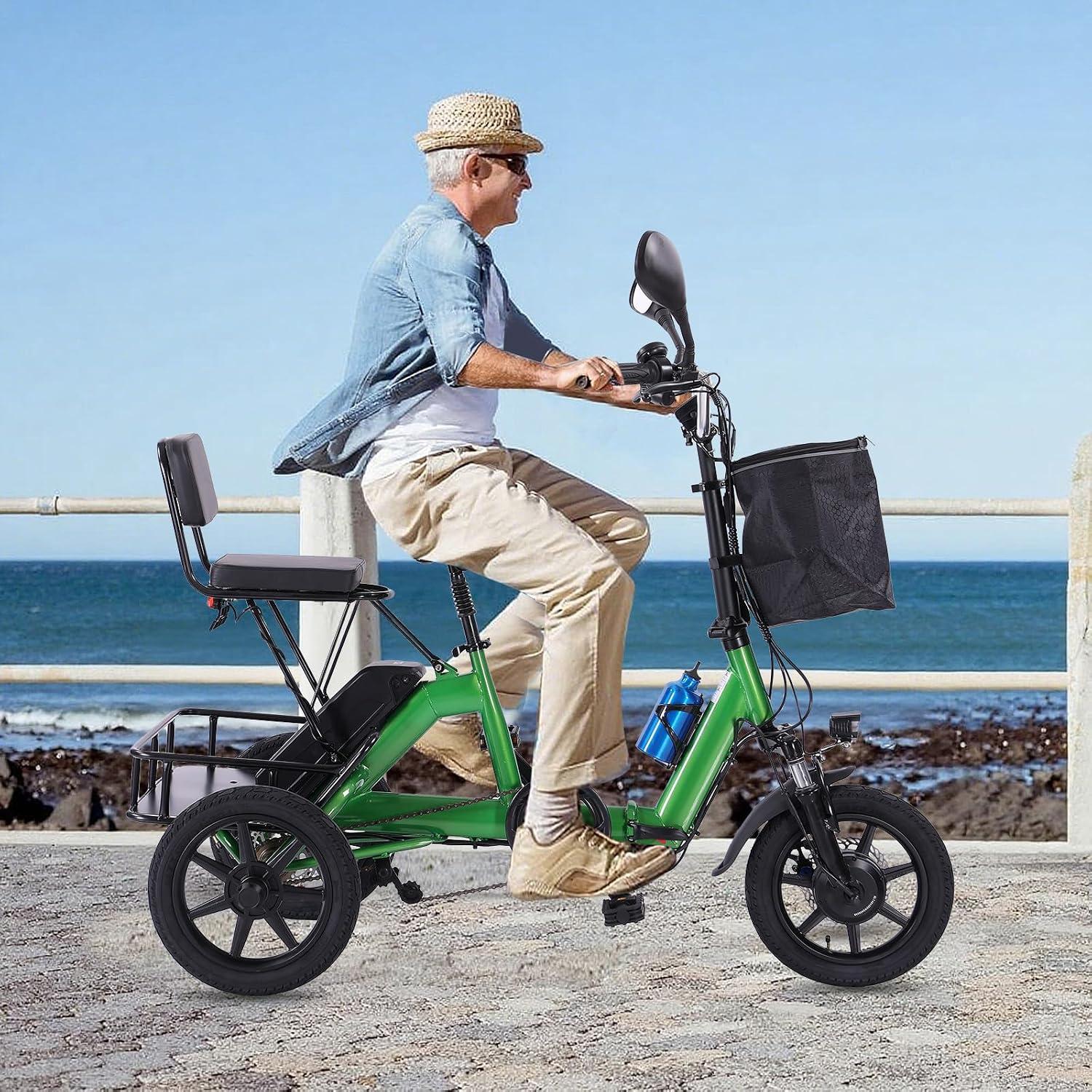 Folding Step-Thru 3-Wheel Electric Trike with 2 Seats | Peak 500W Brushless Motor E-Tricycle | 480Wh Removable Power, 45-Mile Range & Rear Passenger Bench