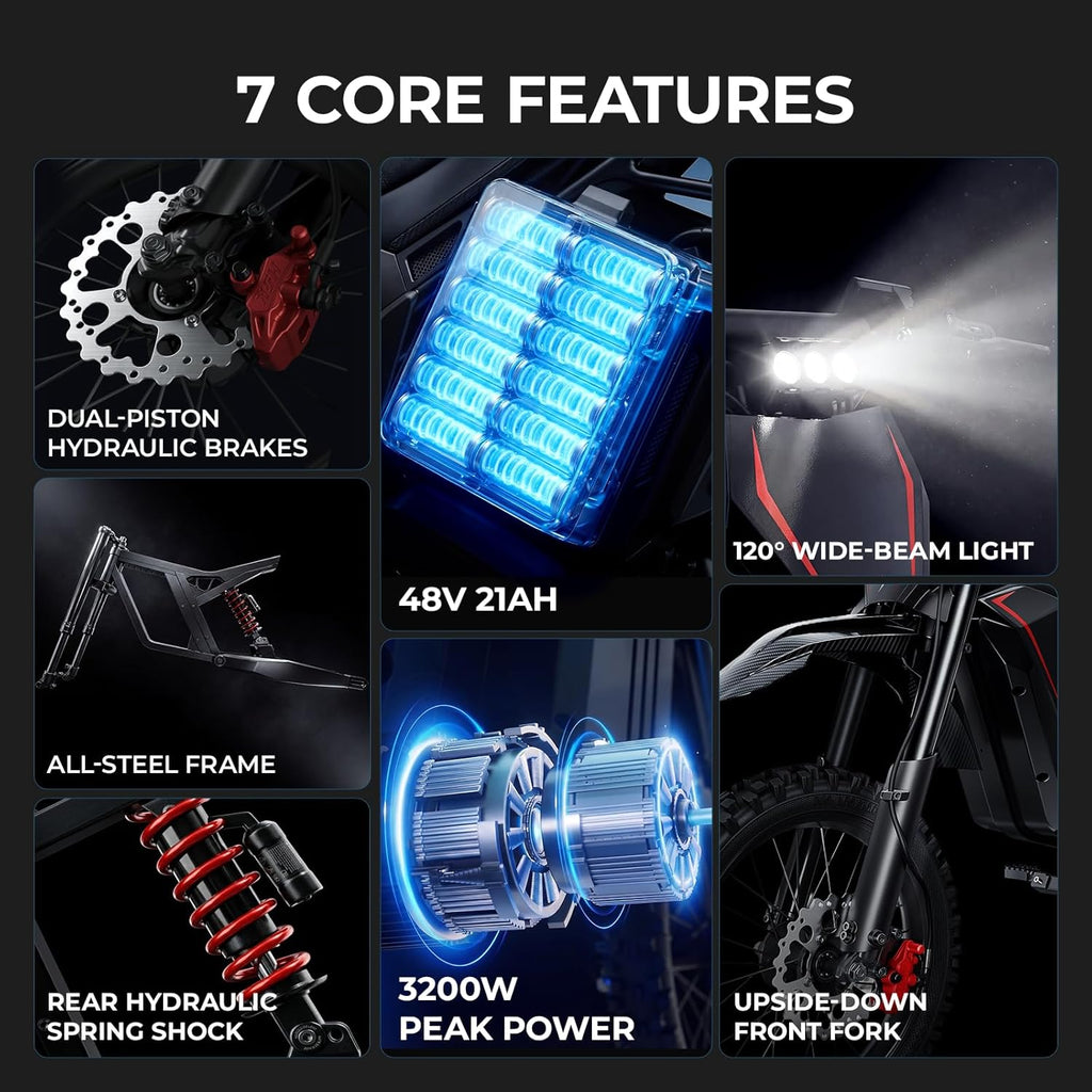 Electric Dirt Bike for Teens, 3200W Electric Motorcycle with Mid-Drive Motor, 37MPH Top Speed, 48V 21Ah