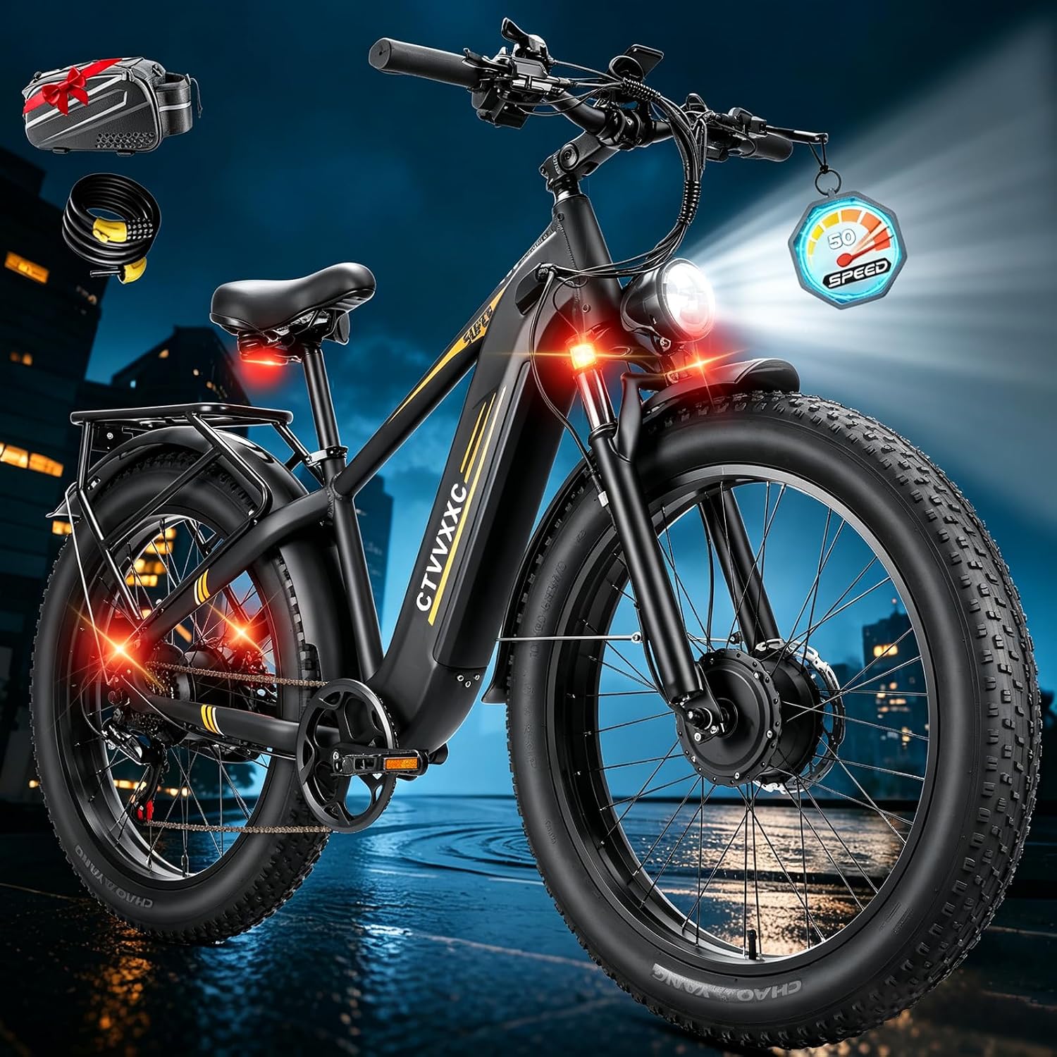 All-Wheel Drive Dual Motor Electric Bike | 8000W Peak Power & 50 MPH High-Speed E-Bike | 52V 26Ah Long-Range Battery, 26" Fat Tires, Turn Signals & Adjustable Stem