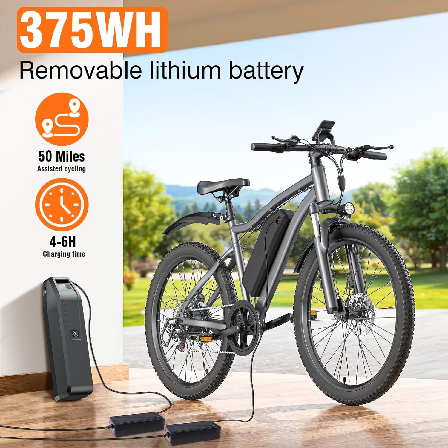 Lightweight 26" Electric Mountain & Commuter Bike – 720W Peak Motor, 25MPH Max Speed, 375Wh Removable Battery, 7-Speed Trail E-Bike