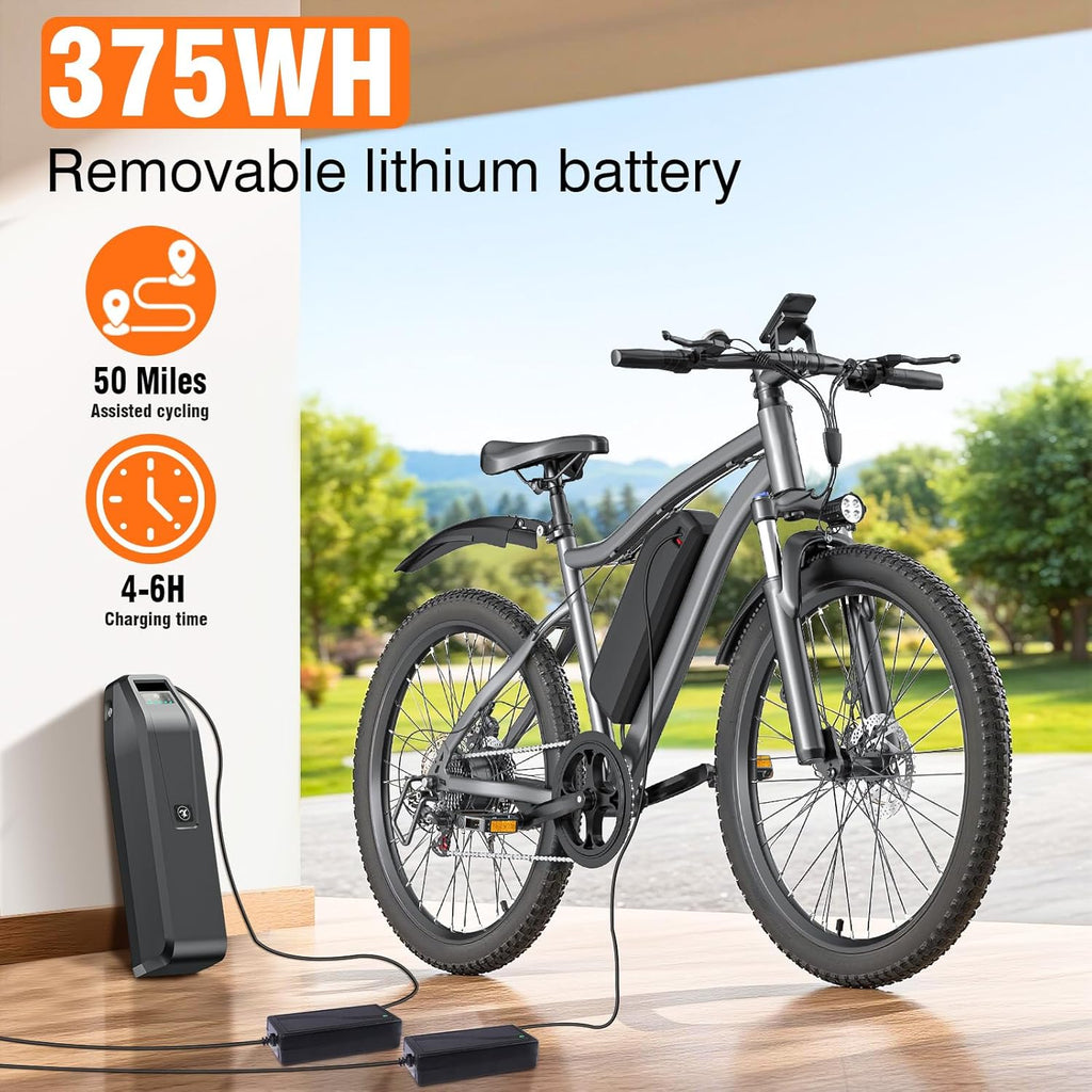 Lightweight 26" Electric Mountain & Commuter Bike – 720W Peak Motor, 25MPH Max Speed, 375Wh Removable Battery, 7-Speed Trail E-Bike