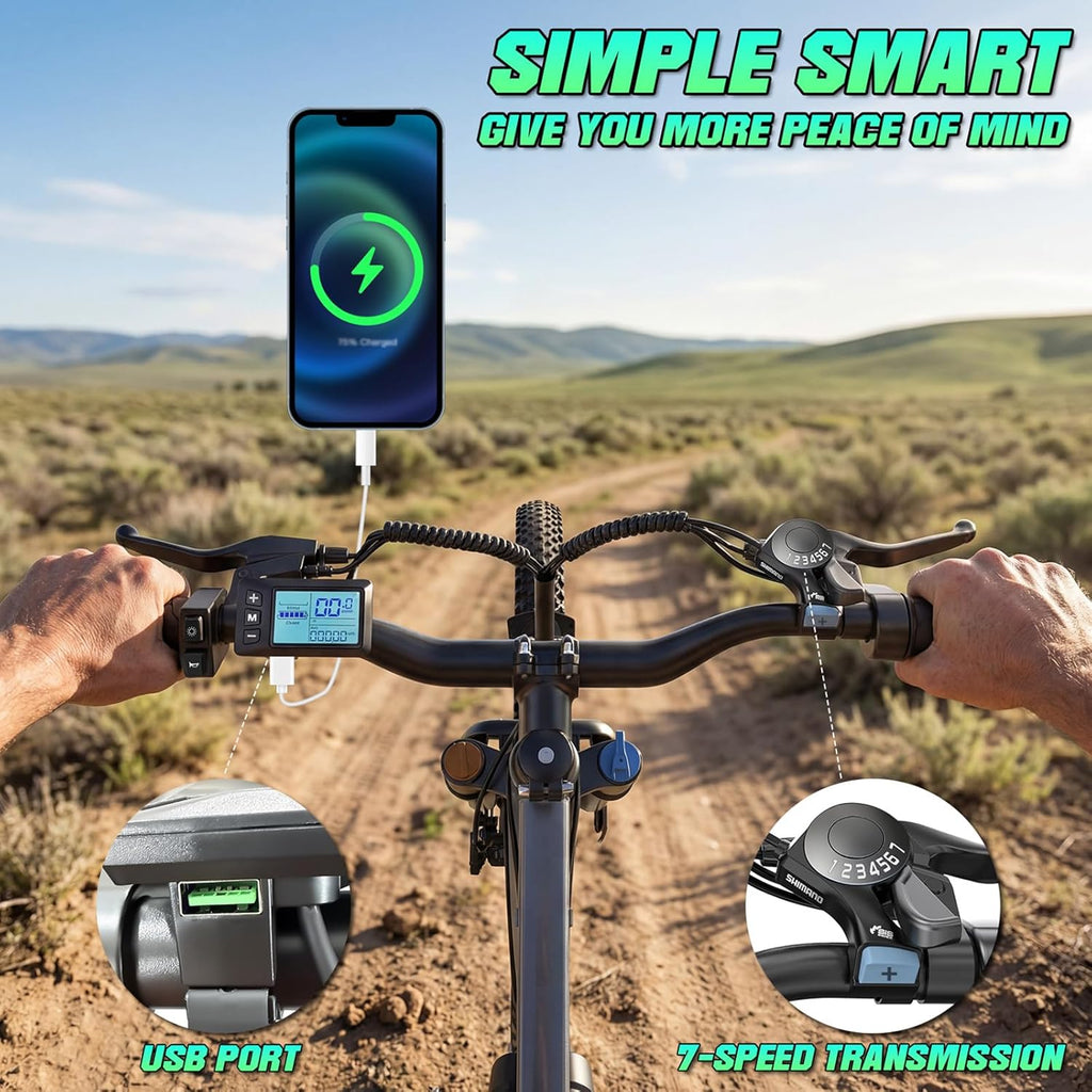 Lightweight 26" Electric Mountain & Commuter Bike – 720W Peak Motor, 25MPH Max Speed, 375Wh Removable Battery, 7-Speed Trail E-Bike