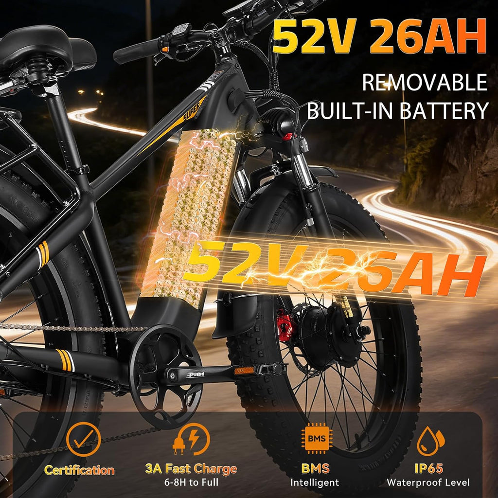 8000W Peak Dual Motor Ebike for Adults, Max 50 MPH Fast Electric Bike, 52V 1352Wh Built-in Battery 100 Miles, Adjustable Stem, Lockable Suspension, 26" Electric Bicycle for Off-Road Mountain