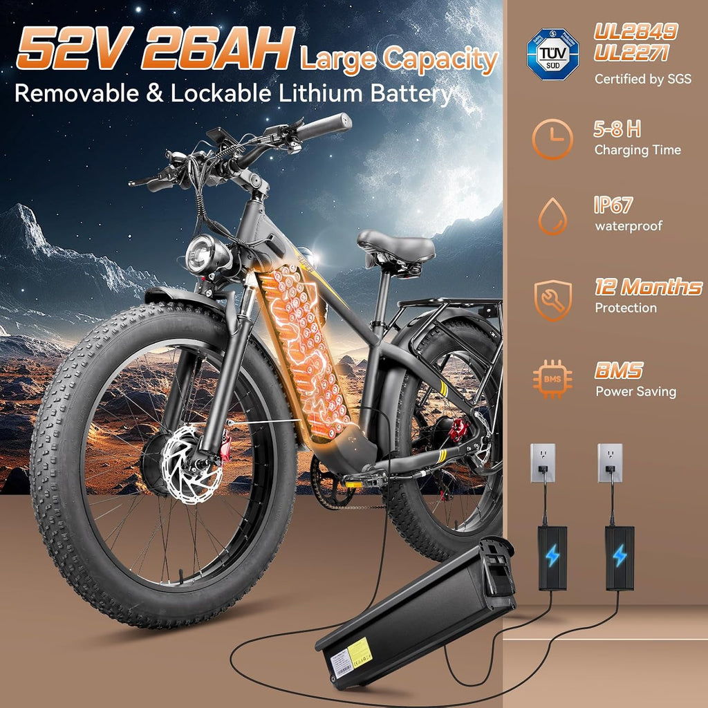 6000W Peak Dual-Motor 26" Fat Tire Electric Mountain Bike – 50 MPH High-Performance Adult E-Bike with Turn Signals
