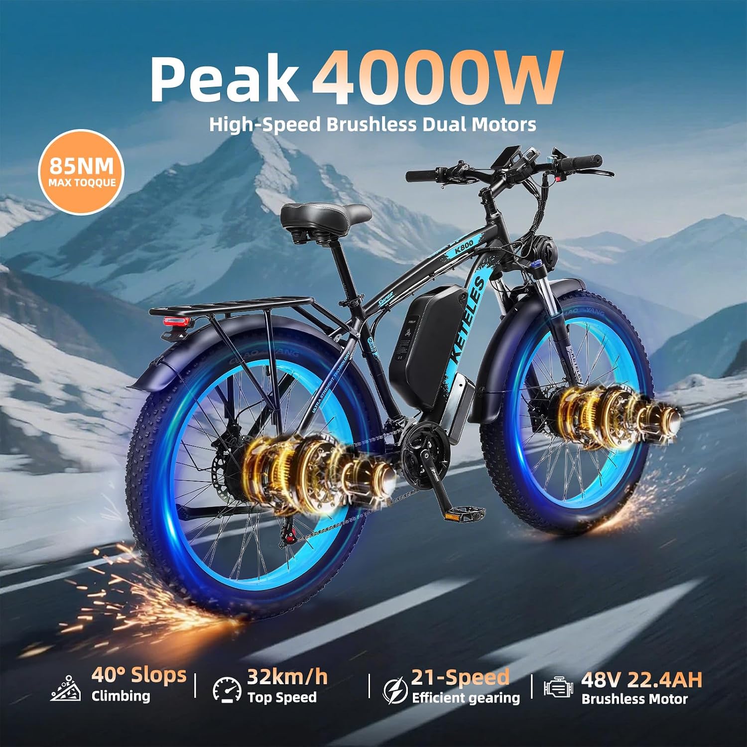 AWD Dual-Motor All-Terrain Electric Bike | Peak 4000W 26" Fat Tire Adult E-Bike