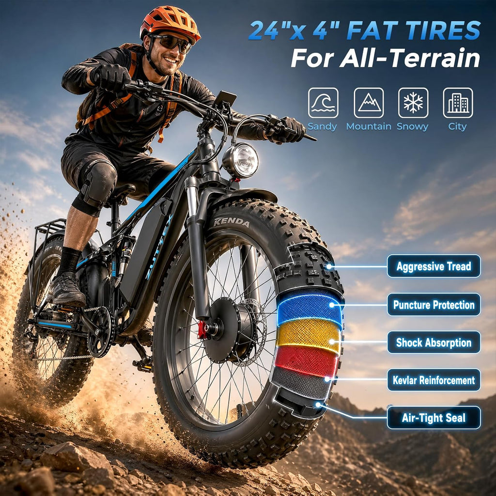 24" Dual Motor All-Terrain Electric Bike – 9000W Peak High-Performance Off-Road Mountain E-Bike