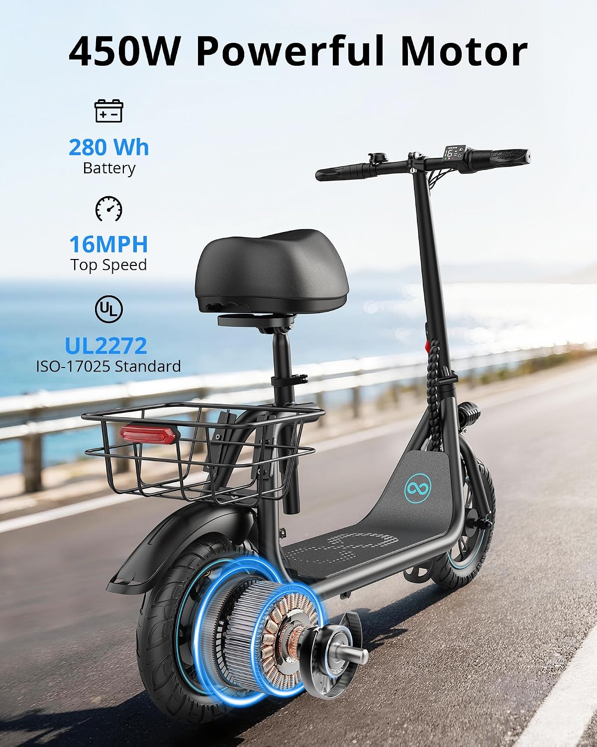 Electric Scooter for Adults & Teens with Seat, 450W Motor, Upgraded Stable