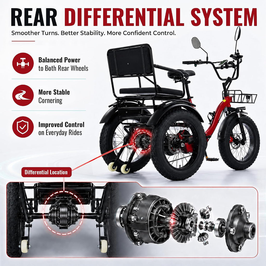 Two-Seater Folding Electric Tricycle for Adults | 1350W Peak, 20" Fat Tire 3-Wheel E-Trike