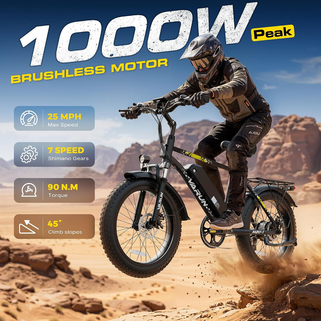 20" All-Terrain Fat Tire Electric Bike | 1000W Peak Utility E-Bike with Cargo Rack