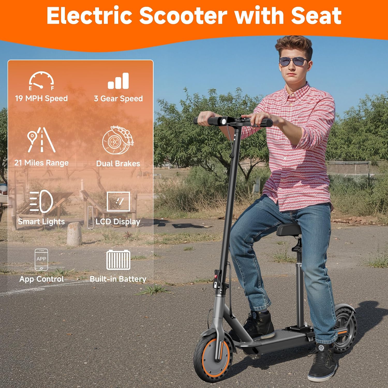 Electric Scooter, Folding E Scooter for Adults with Seat, 350W Motor, 8.5" Solid Tires