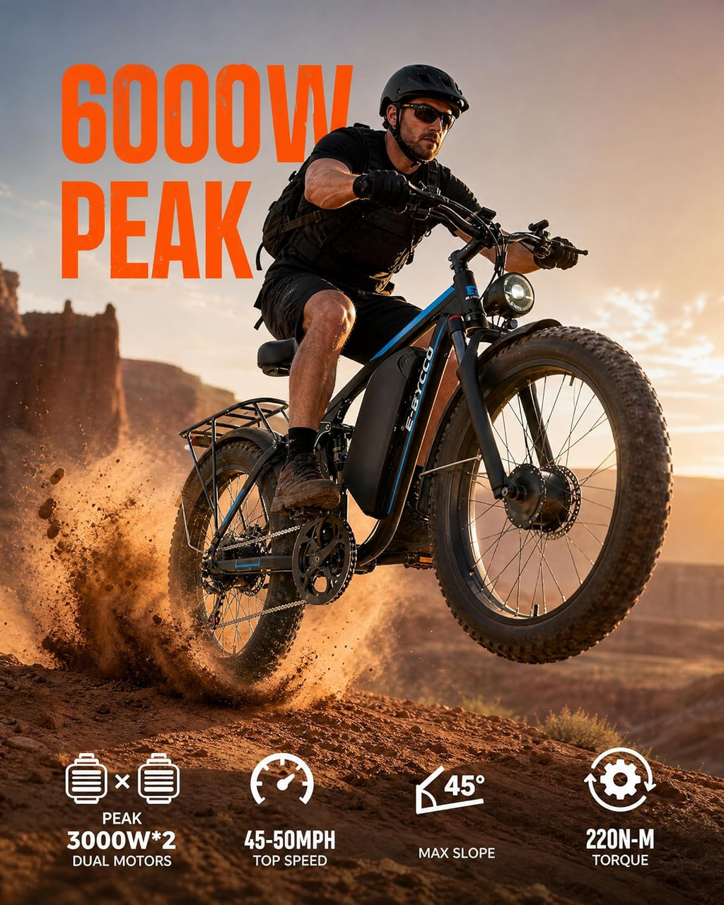 6000W Peak Dual Motor Electric Bike for Adults | 45-50 MPH High-Speed Off-Road Mountain E-Bike, 100-Mile Long Range, Full Suspension & Hydraulic Brakes (24"/26" Fat Tire)