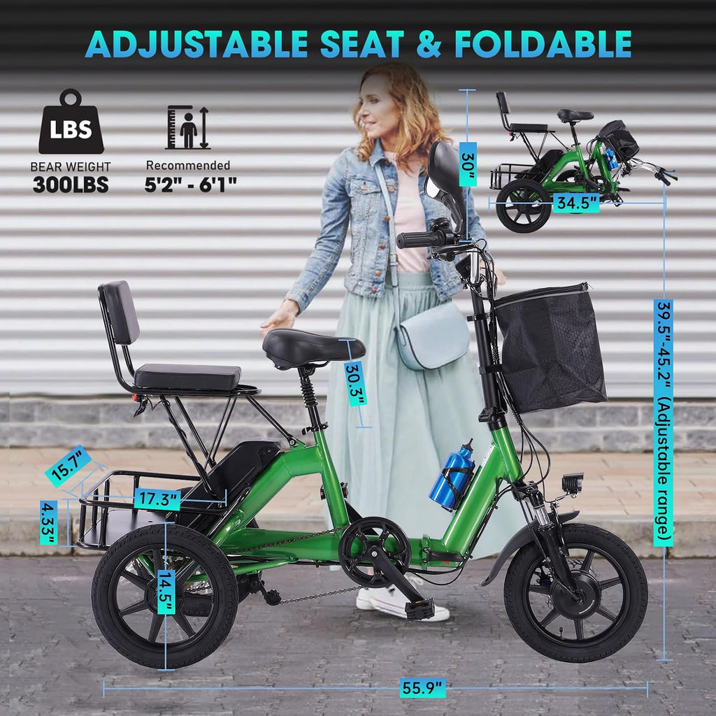 Folding Step-Thru 3-Wheel Electric Trike with 2 Seats | Peak 500W Brushless Motor E-Tricycle | 480Wh Removable Power, 45-Mile Range & Rear Passenger Bench