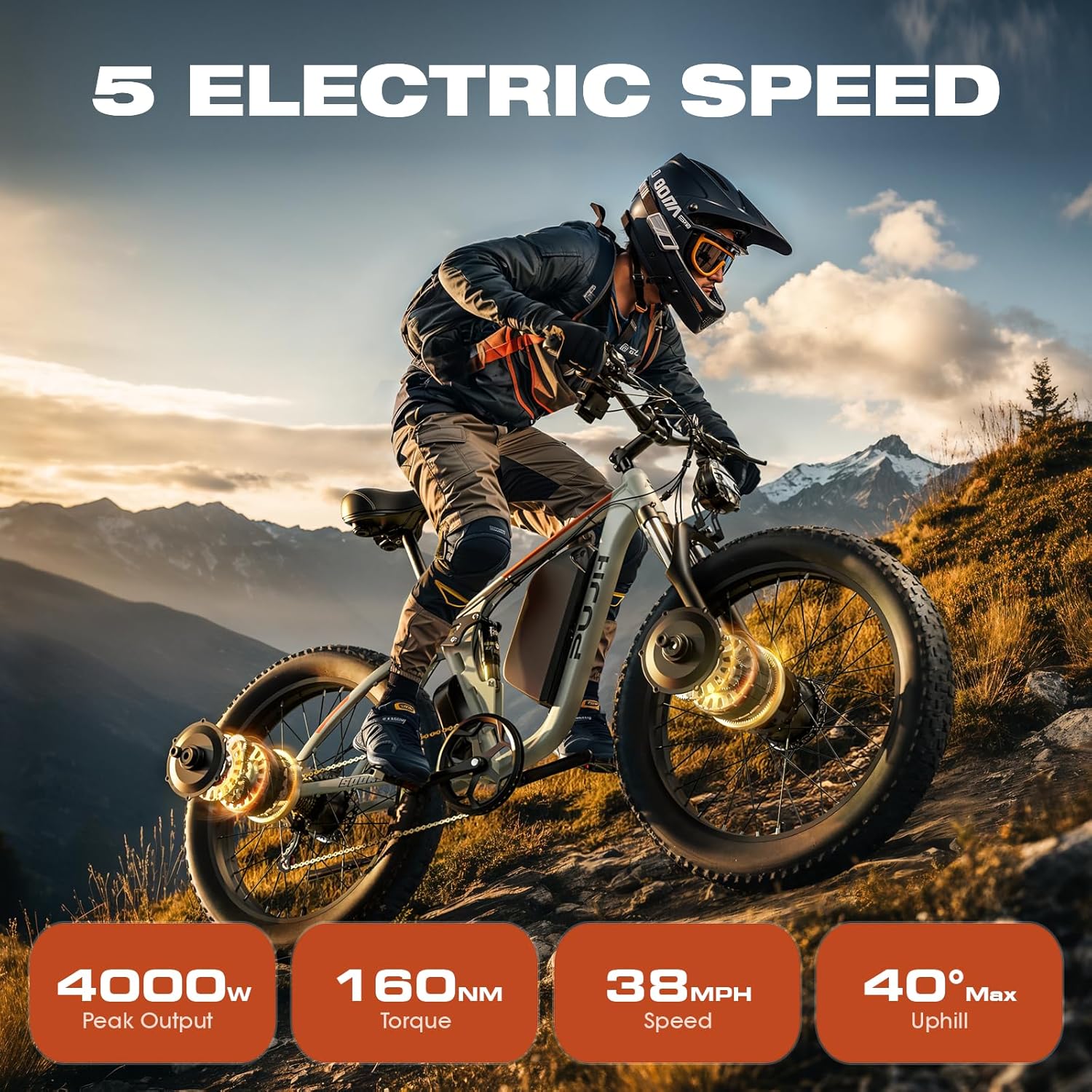All-Terrain 24" Fat Tire Electric Bike – 4000W Peak Dual Motor, 38MPH Max Speed, 52V 25Ah Removable Battery, Full Suspension Off-Road E-Bike