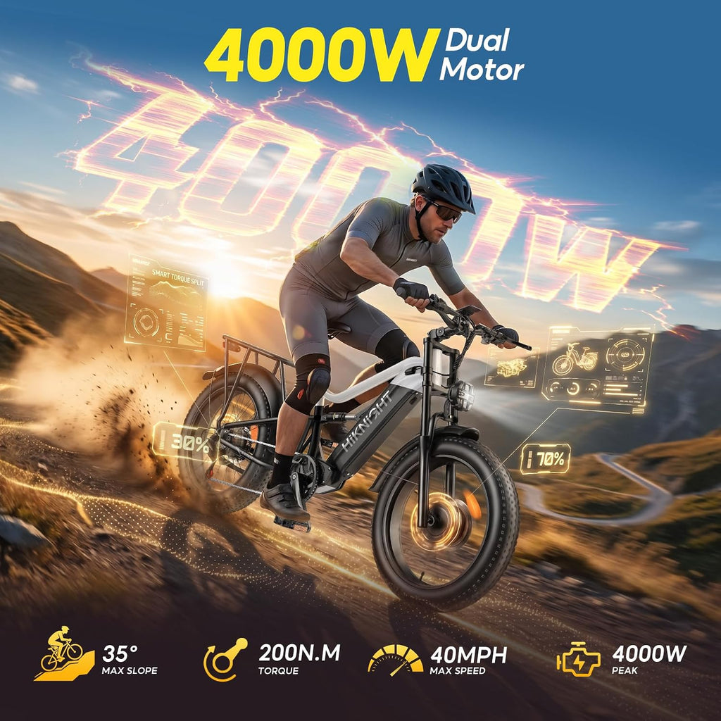 Dual Motor Electric Bike | 4000W Peak, 52V 20Ah Detachable Battery, 24" Fat Tires, 40 MPH Full Suspension All-Terrain E-Bike for Adults