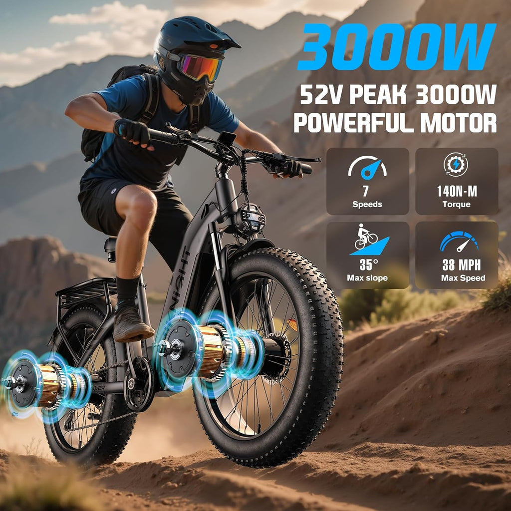 Dual-Motor High-Power Electric Bike – 4000W Peak All-Terrain E-Bike for Adults (38MPH, 52V 20Ah Lithium Battery, 26" x 4.0" Fat Tires, Dual Hydraulic Brakes, Easy Step-Thru Frame)