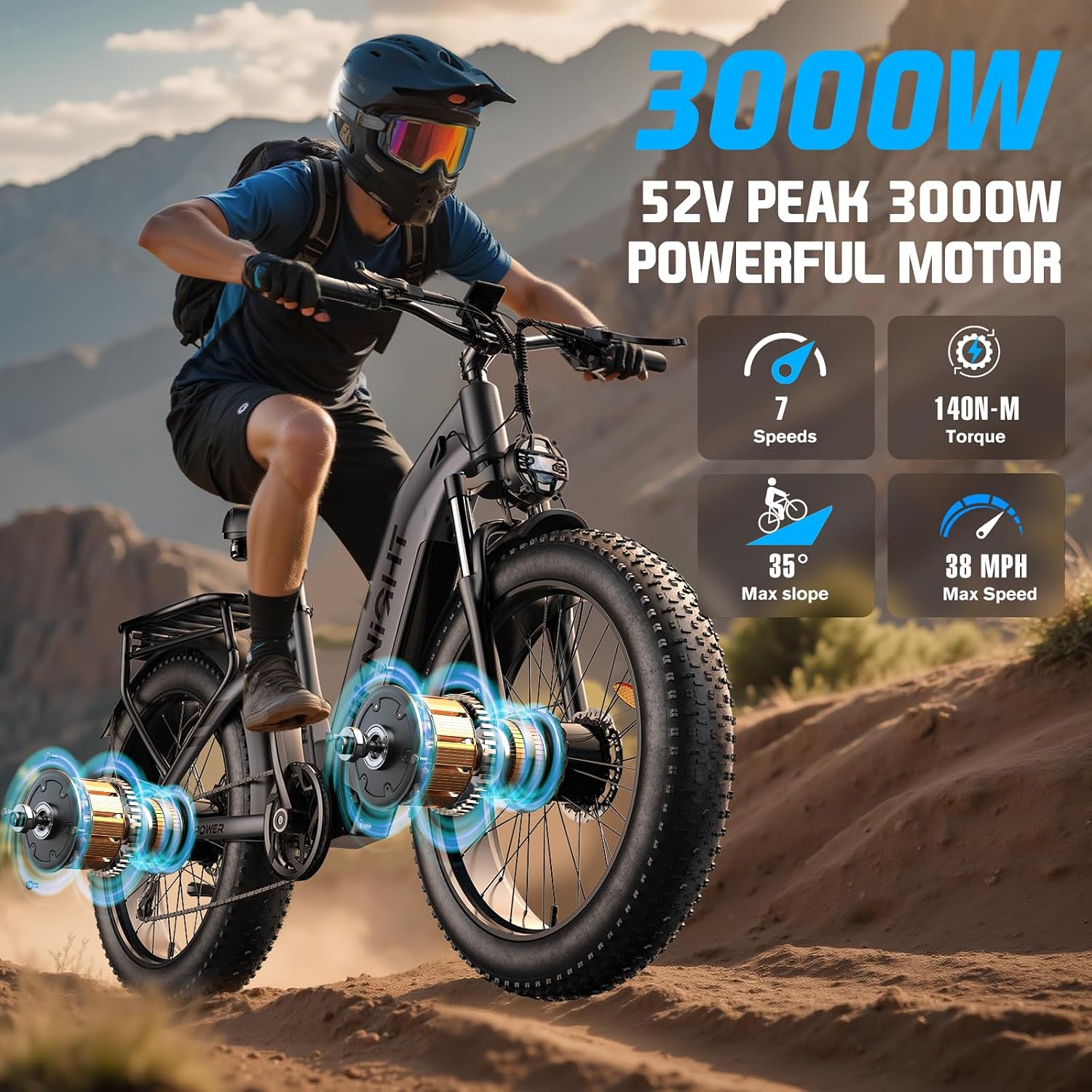 Dual-Motor High-Power Electric Bike – 4000W Peak All-Terrain E-Bike for Adults (38MPH, 52V 20Ah Lithium Battery, 26" x 4.0" Fat Tires, Dual Hydraulic Brakes, Easy Step-Thru Frame)