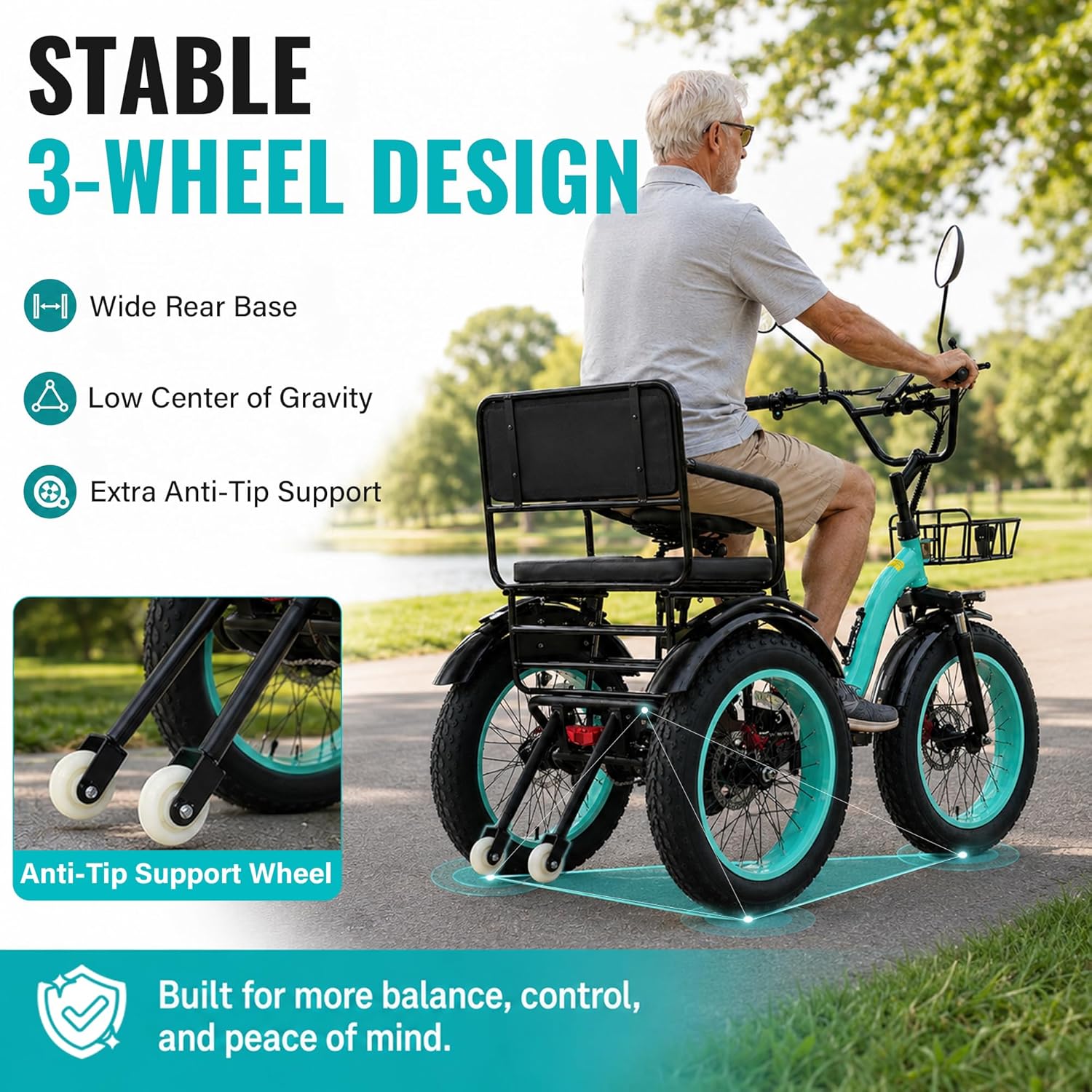 2-Seater Electric Tricycle with Passenger Seat | Peak 1350W, 48V, Dual Baskets