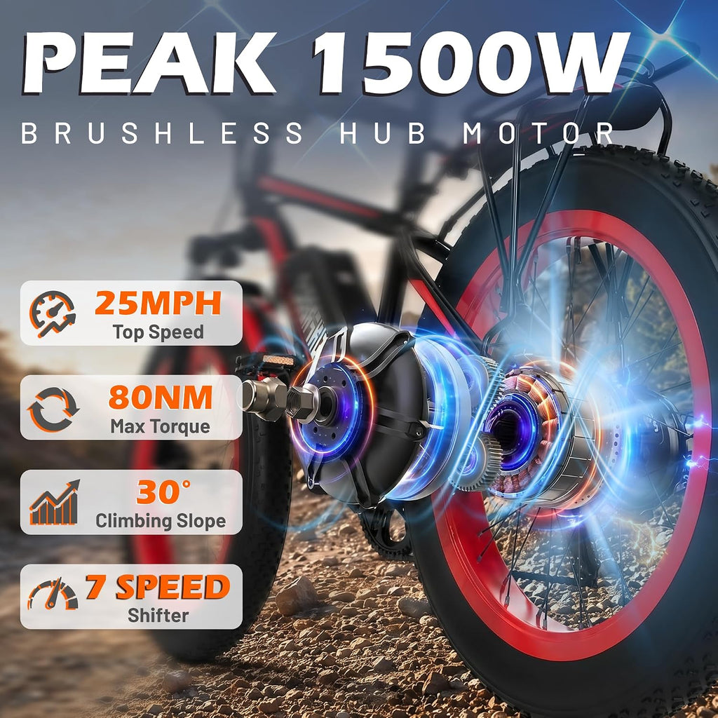 1500W/3000W Peak Dual-Performance 26" Fat Tire Electric Mountain Bike – 48V 13Ah Mountain Bicycle & Commuter E-Bike