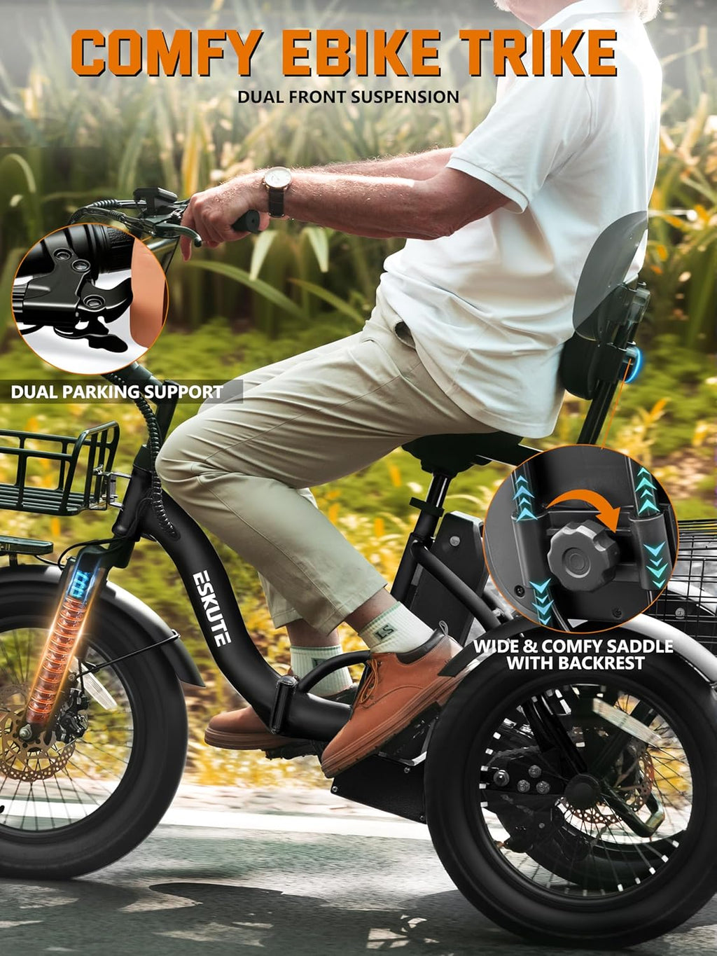 Folding Step-Thru 3-Wheel Electric Tricycle – Peak 1200W Motor, 18" Fat Tires, 624Wh Removable Battery, Adult E-Trike with Cargo Basket