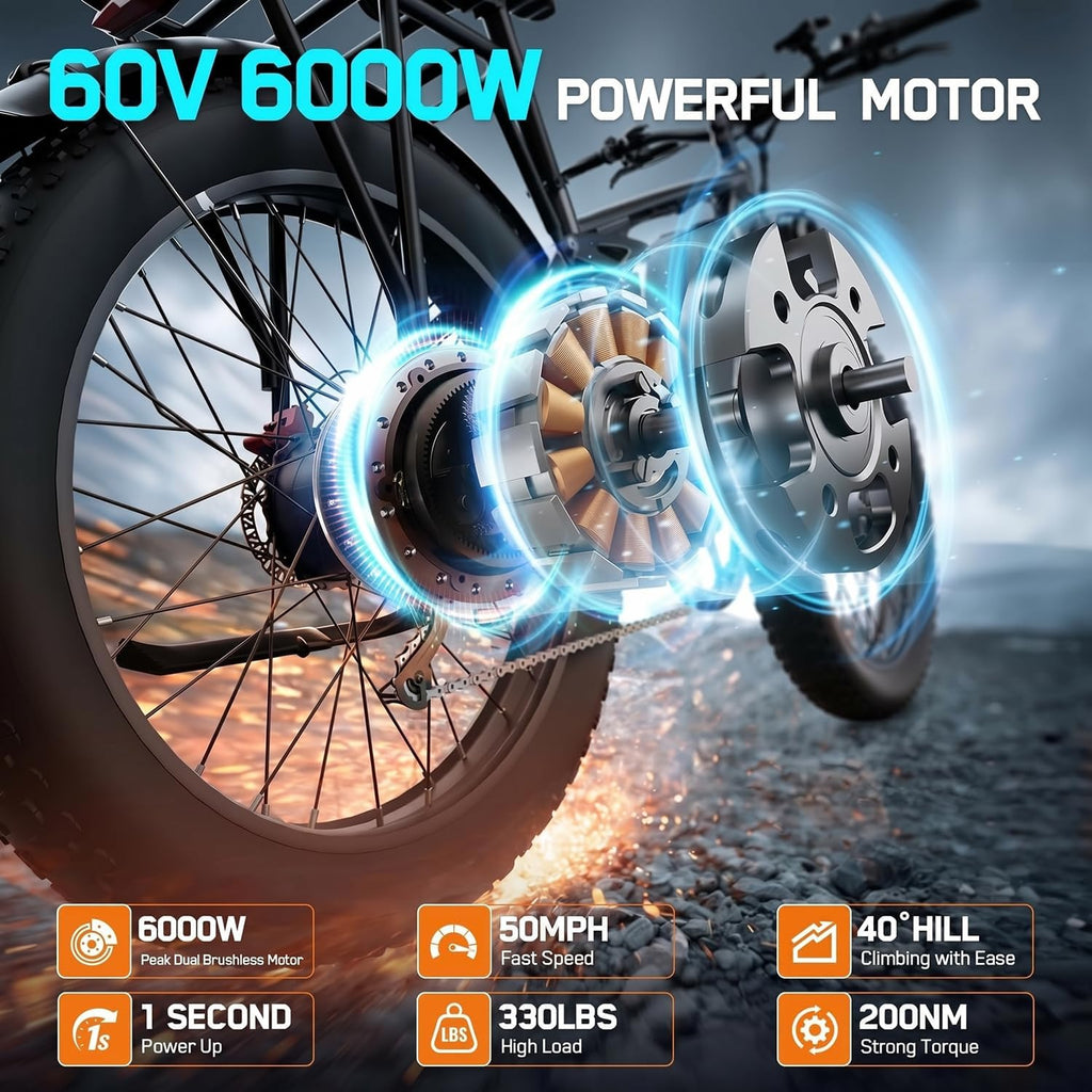 6000W Dual-Motor Full-Suspension 24" Fat Tire Electric Bike for Adults – 50 MPH High-Performance E-Bike with Turn Signals