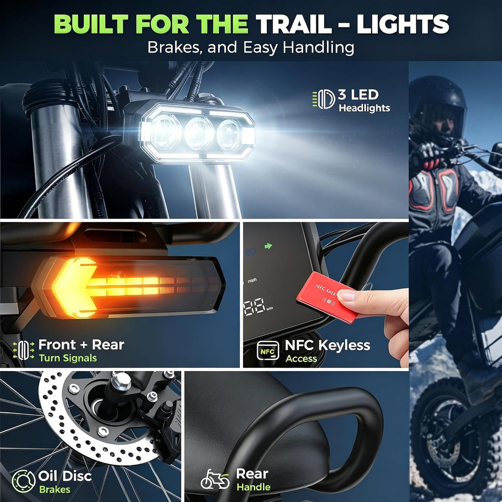 All-Terrain Off-Road Electric Dirt Bike | 5000W Peak Power & 45 MPH High-Speed E-Moto | 52V 20Ah Battery, Full Suspension Trail Bike with 8.9" TFT Display & NFC Keyless Lock